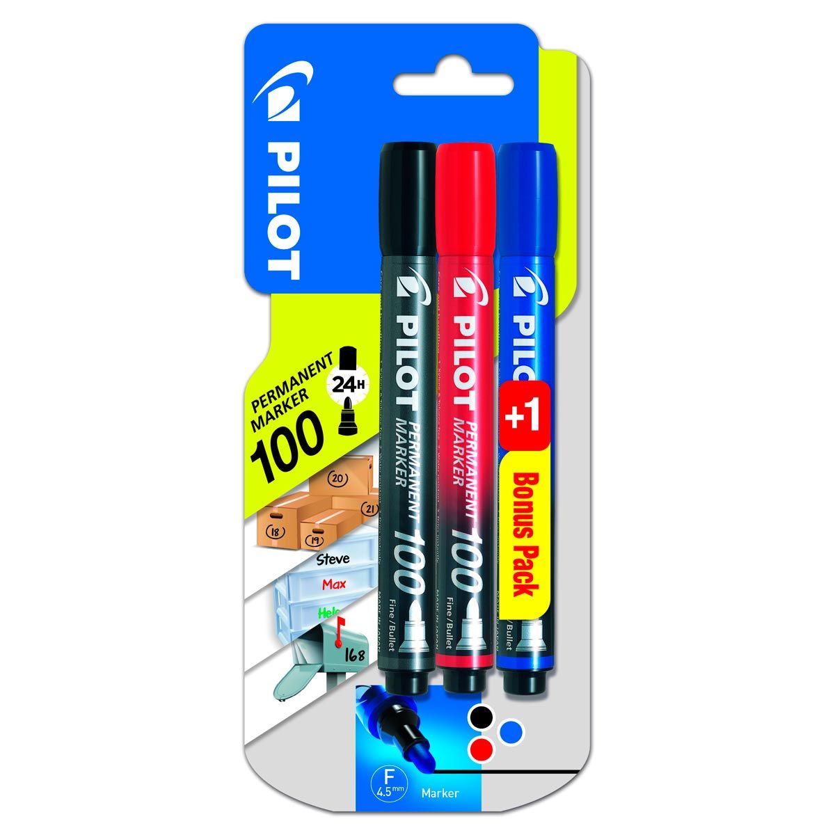 PILOT  Lot de 2 marqueurs permanents pointe 4.5mm noir et rouge + 1 bonus pack bleu