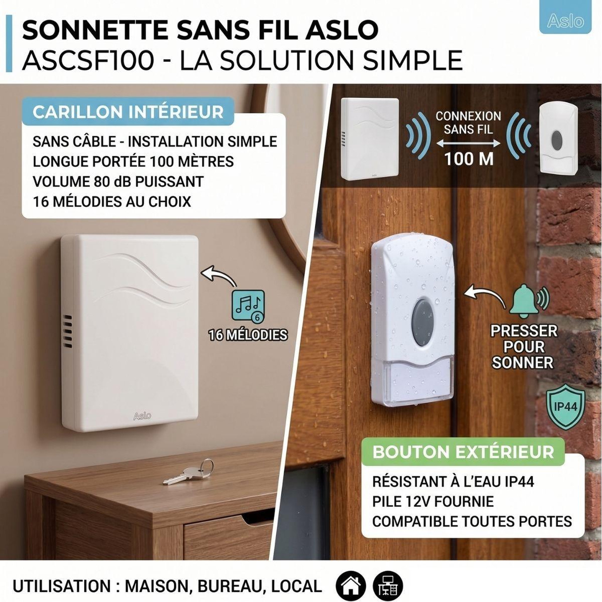 Voir la diapositive 2 : ASLO Sonnette sans fil etanche portée 100m 80db blanche carillon portable 16 mélodies bouton-poussoir intérieur extérieur aslo