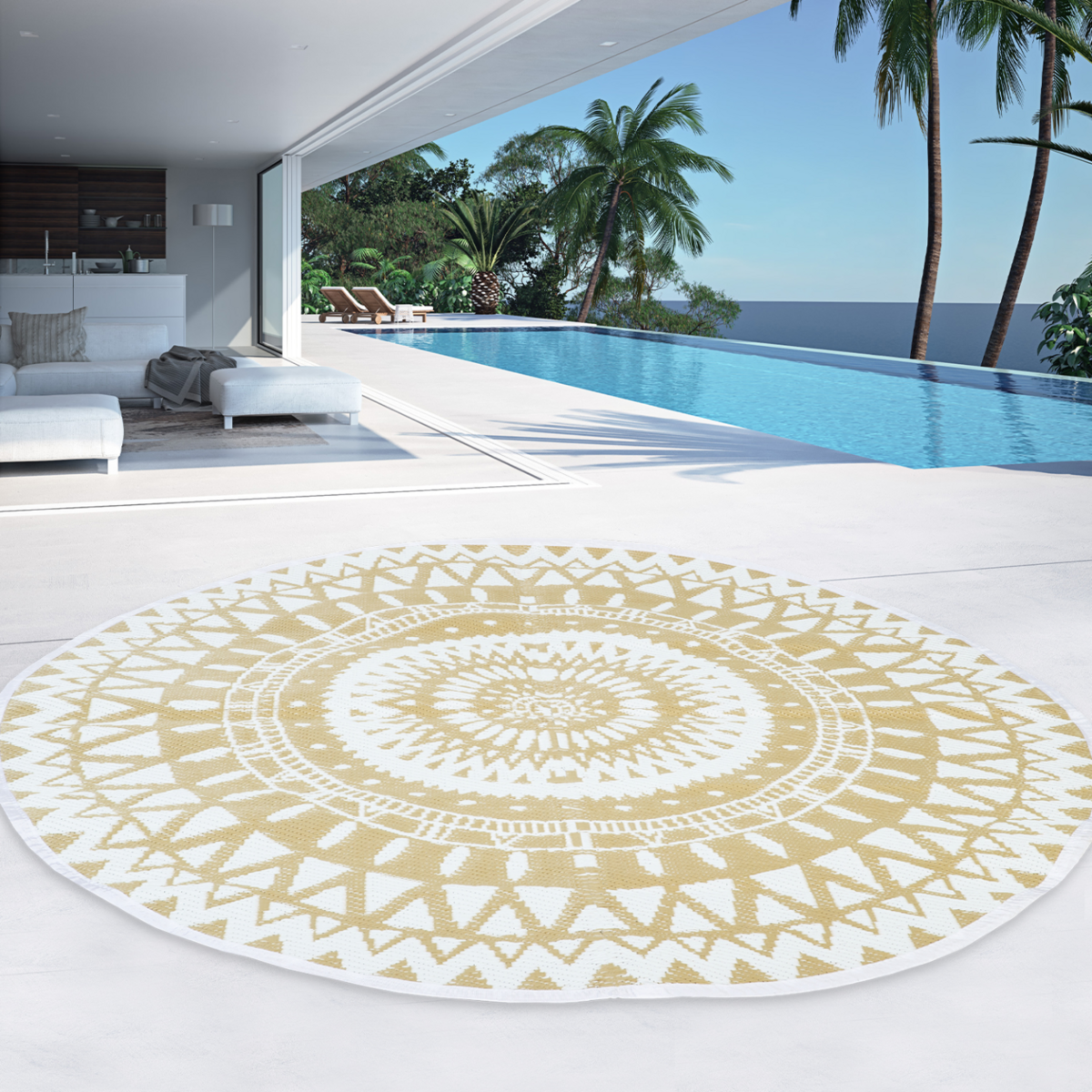 ID MARKET Tapis extérieur ROND naturel et blanc D.150 CM
