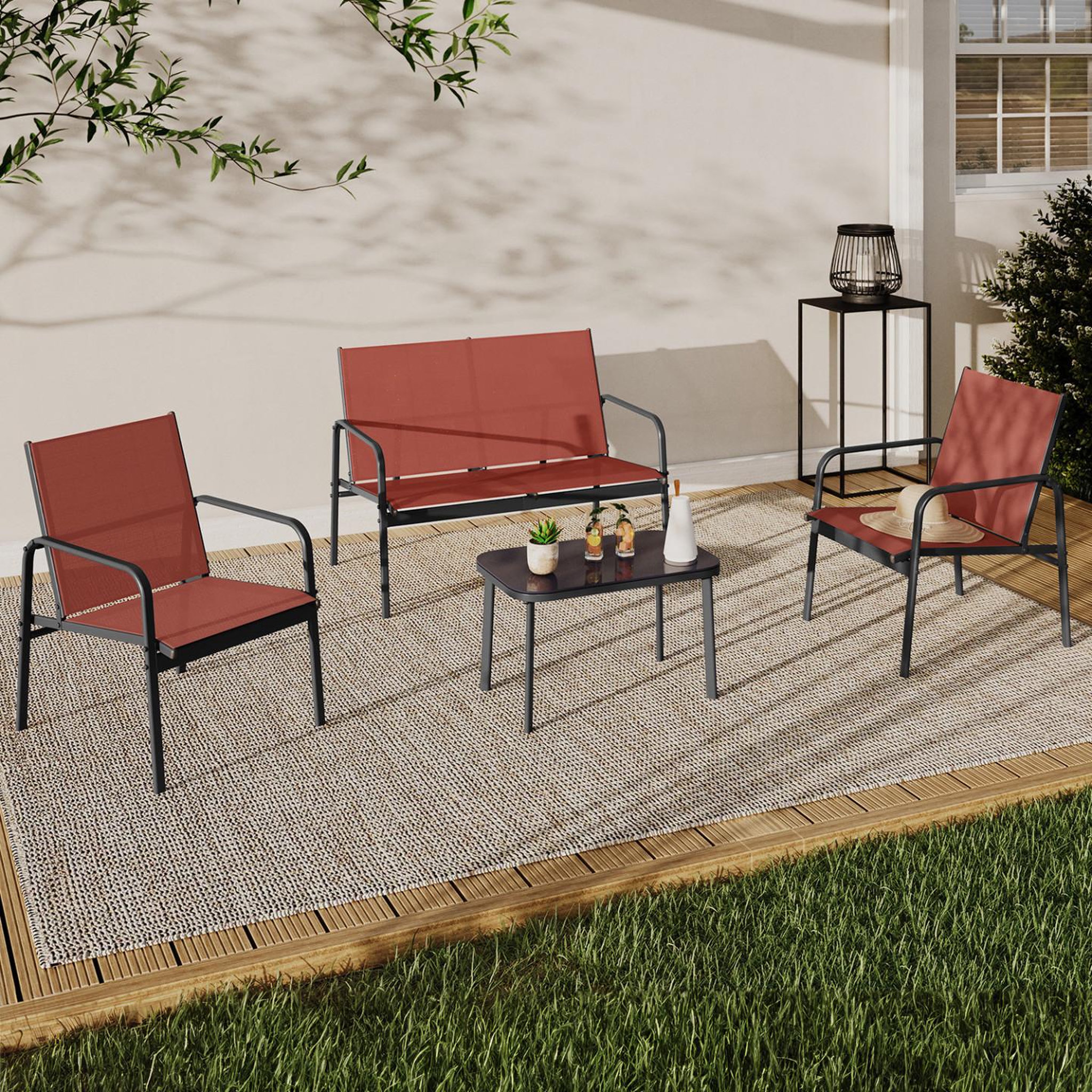 Voir la diapositive 2 : ID MARKET Salon de jardin bas tolede 4 places avec canapé, fauteuils et table terracotta