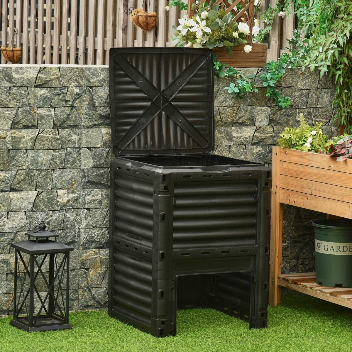 OUTSUNNY Composteur de jardin 300L - grande porte et couvercle - aération optimale - polypropylène noir