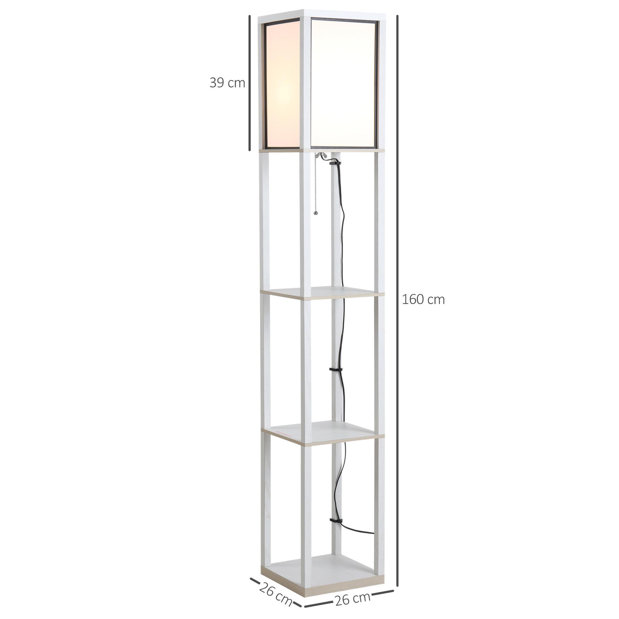 Voir la diapositive 3 : HOMCOM Lampadaire étagère lampe étagère 26l x 26l x 160h cm 3 étagères 4 niveaux mdf blanc