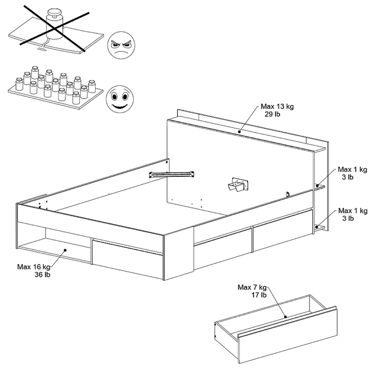 Lit double adulte 160x200 cm avec rangements BOOST