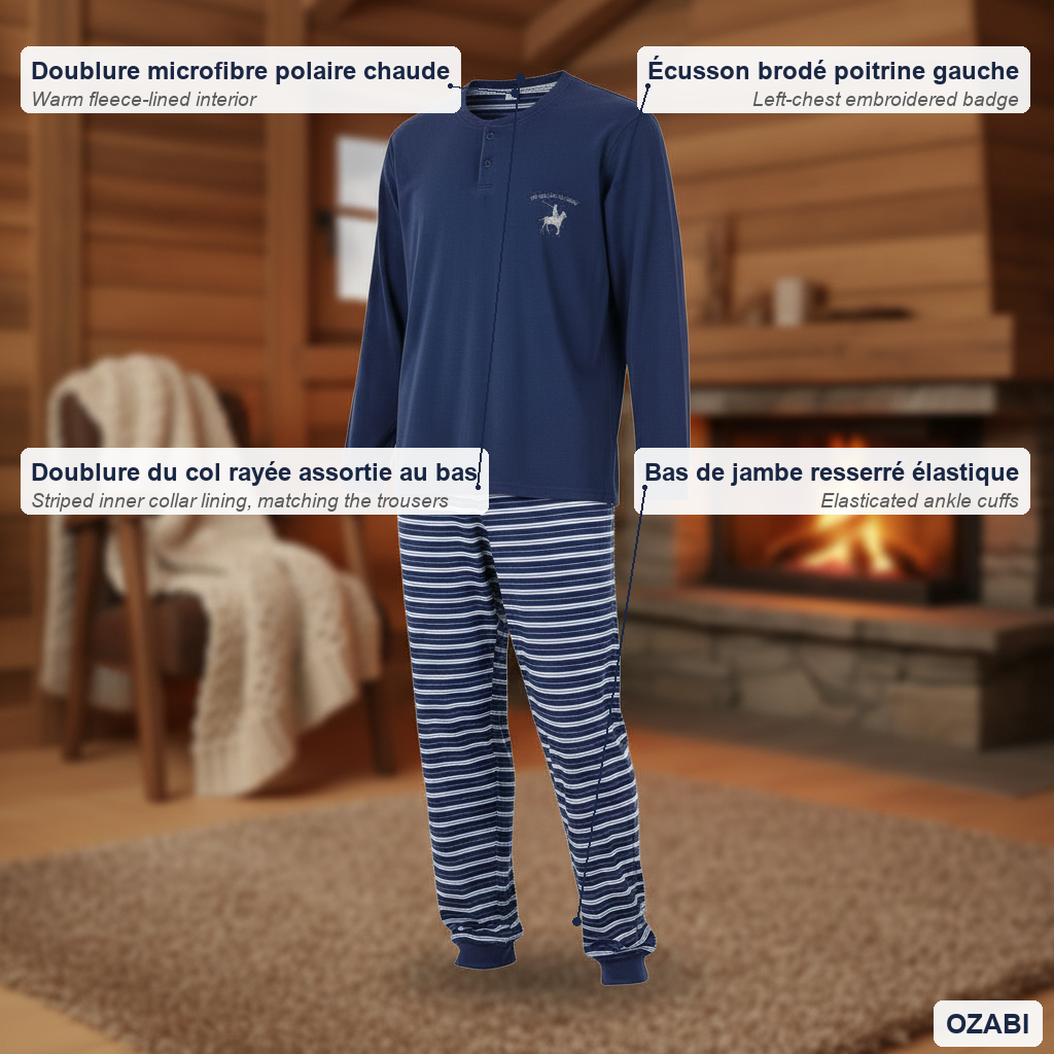 Voir la diapositive 5 : OZABI Ozabi pyjama homme doublé polaire écusson brodé