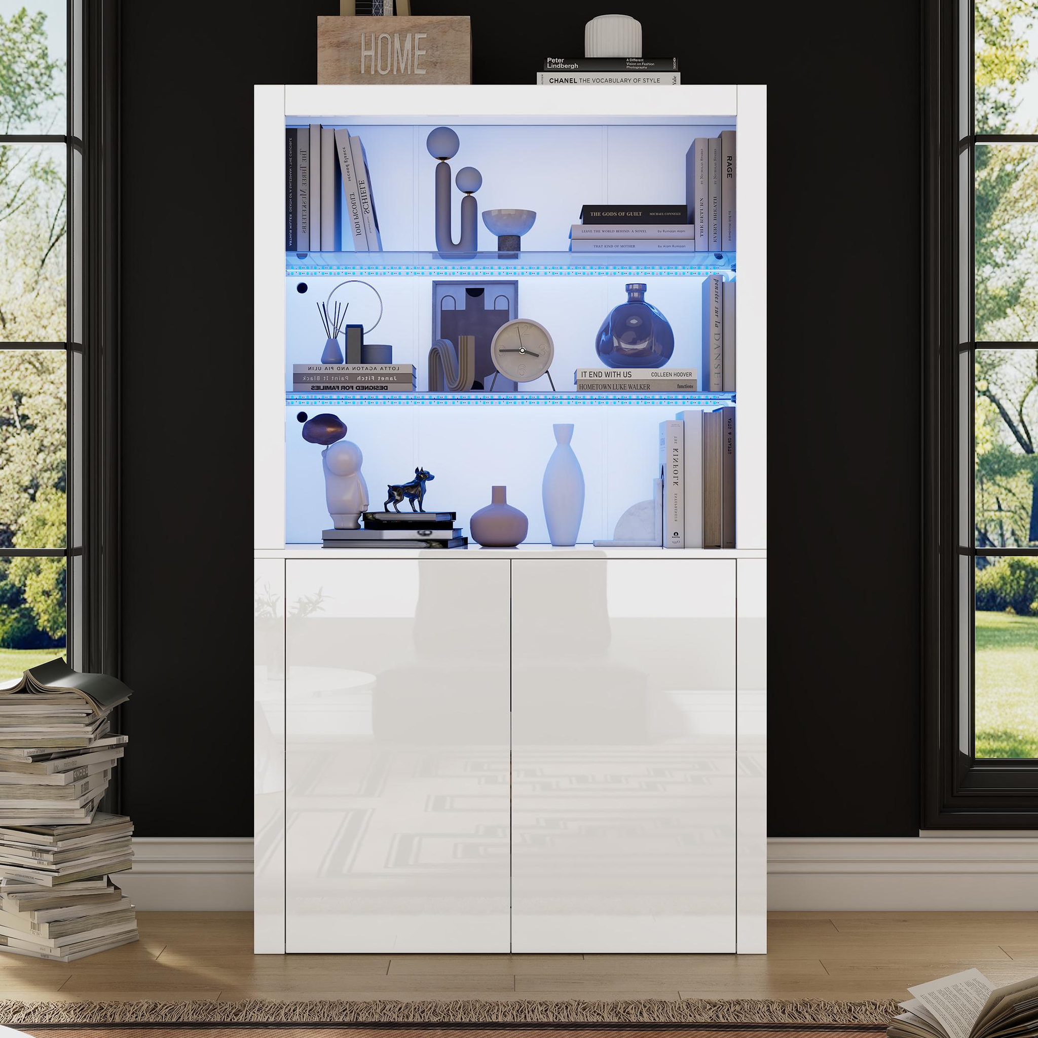 Voir la diapositive 2 : MERAX Vitrine blanc 2 étagères led - 100x170 cm mdf