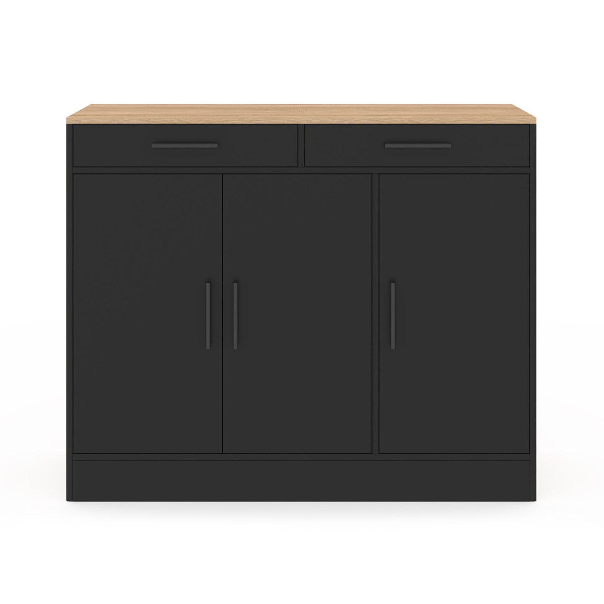 Voir la diapositive 3 : ID MARKET Buffet bas de cuisine 110 cm ALTO avec rangements façon hêtre et noir