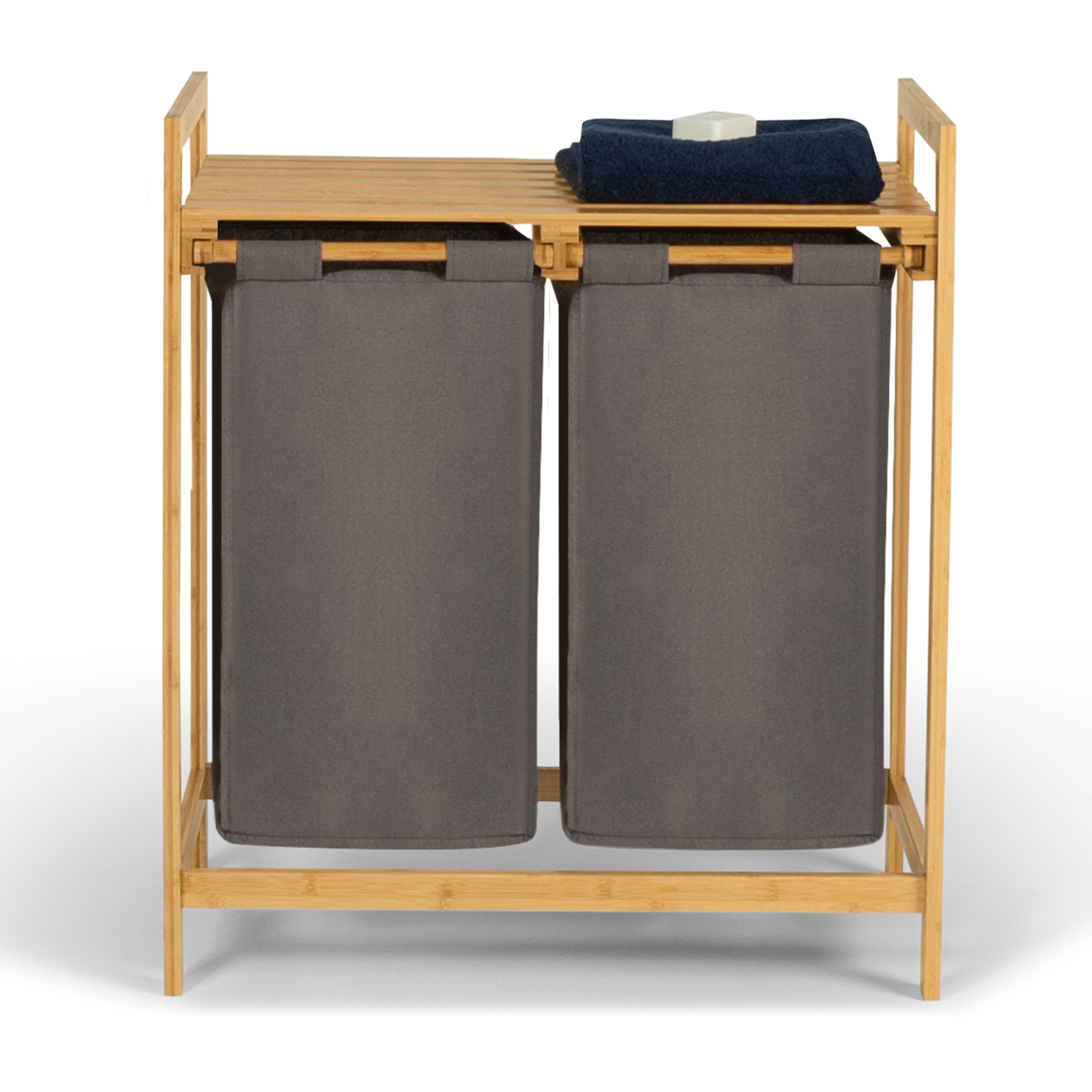 Voir la diapositive 4 : ID MARKET Panier à linge 2 bacs bambou bea tissu gris foncé