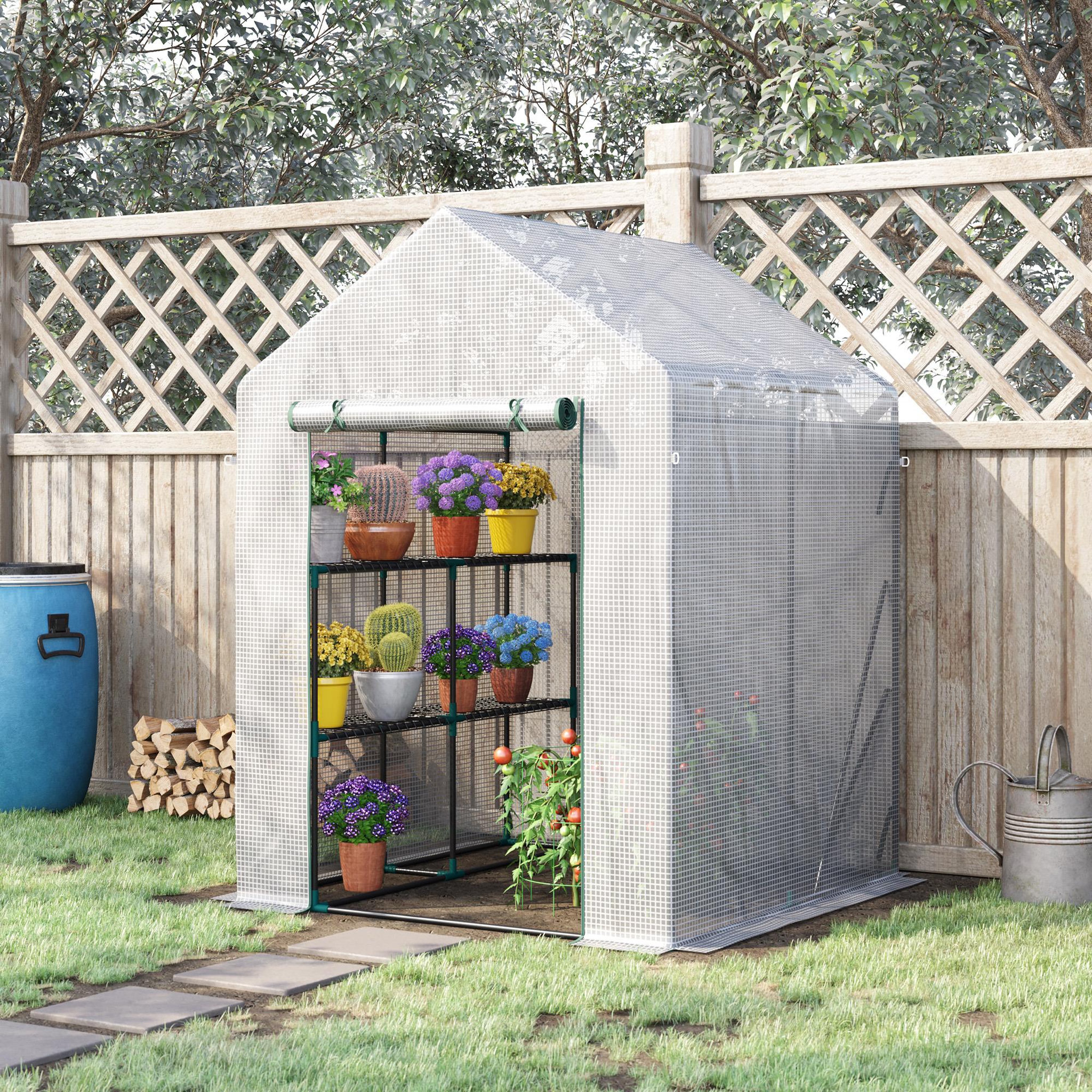 Voir la diapositive 2 : OUTSUNNY Serre de jardin 2 tablettes dim. 1,43l x 1,43l x 1,95h m porte déroulante acier pe haute densité 140 g/m² transparent blanc
