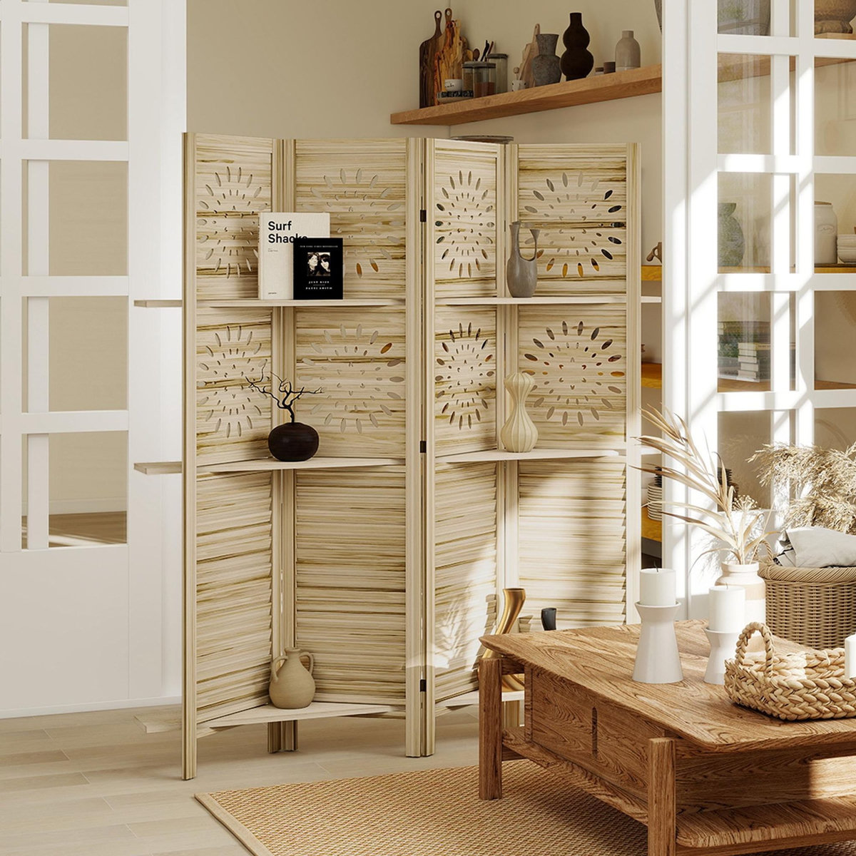 HOMCOM Paravent intérieur bois naturel 4 panneaux 3 étagères séparateur de pièce pliable 160 x 170 cm