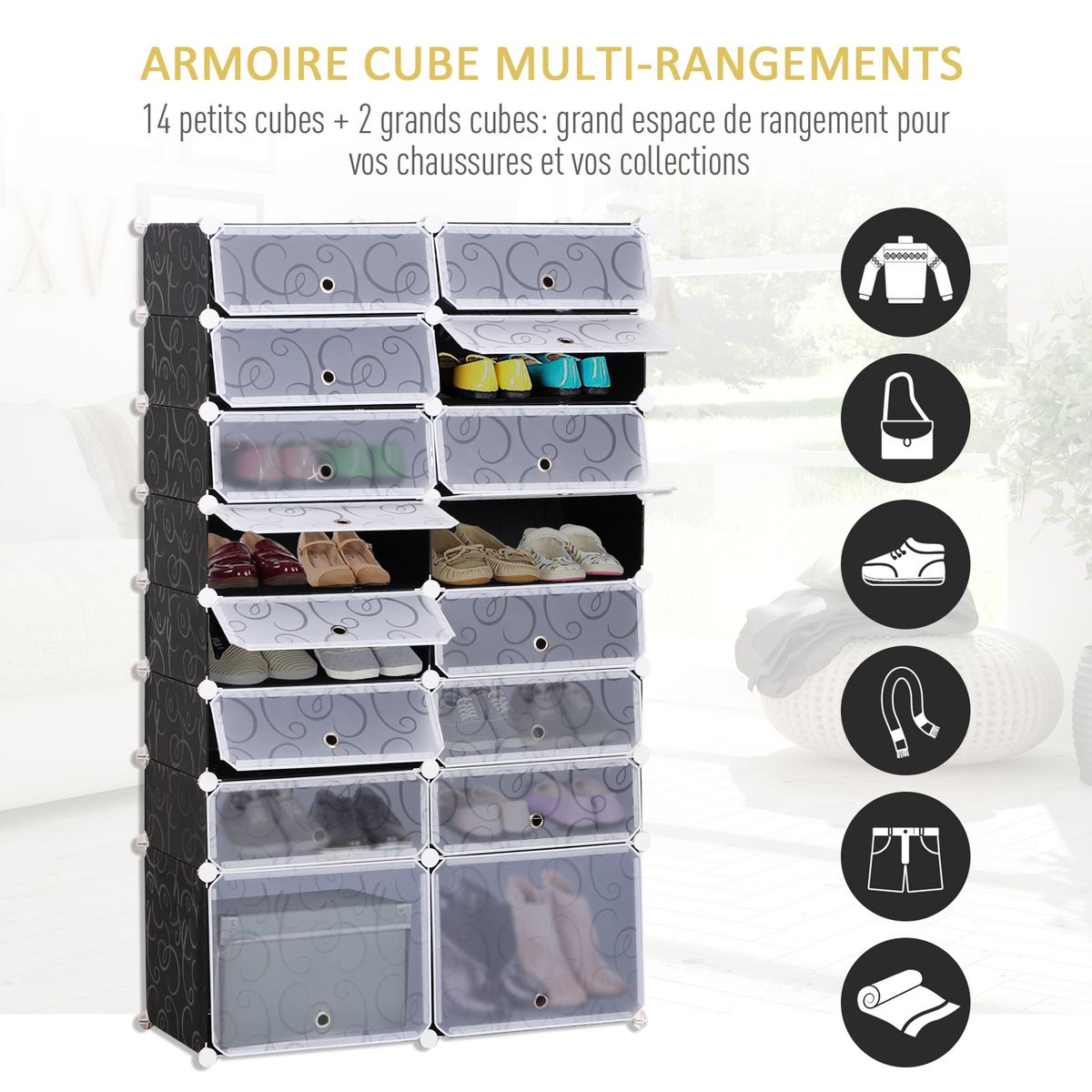 HOMCOM Armoire à chaussures range chaussures L 95 x l 37 x H 160 cm 14 cubes rectangulaires et 2 grands cubes noir et blanc