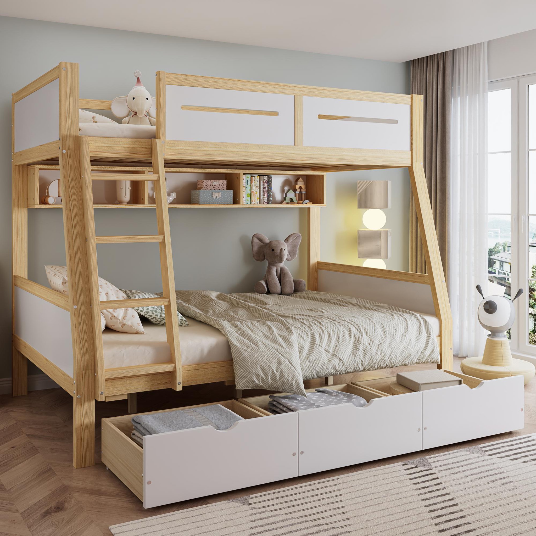 Voir la diapositive 4 : MERAX Lit superposé 120x200(90x200)cm coloris naturel+blanc pin et mdf