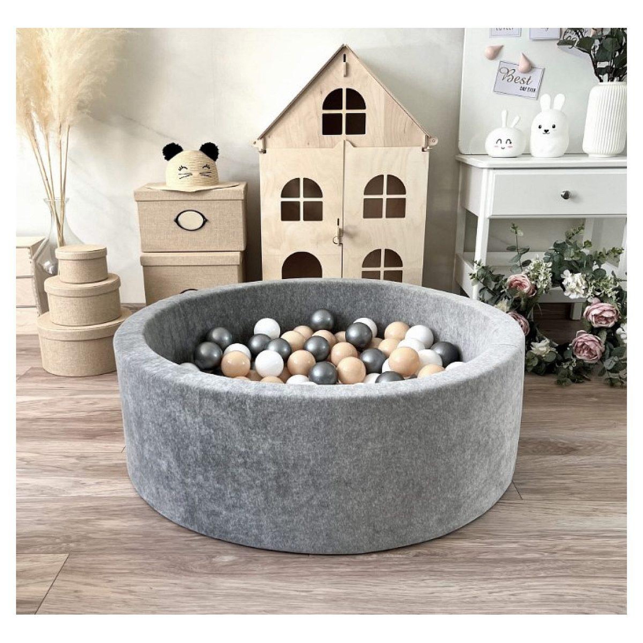 Voir la diapositive 2 : MONIO FOR KIDS Piscine à balles velours 90 cm gris + 200 balles