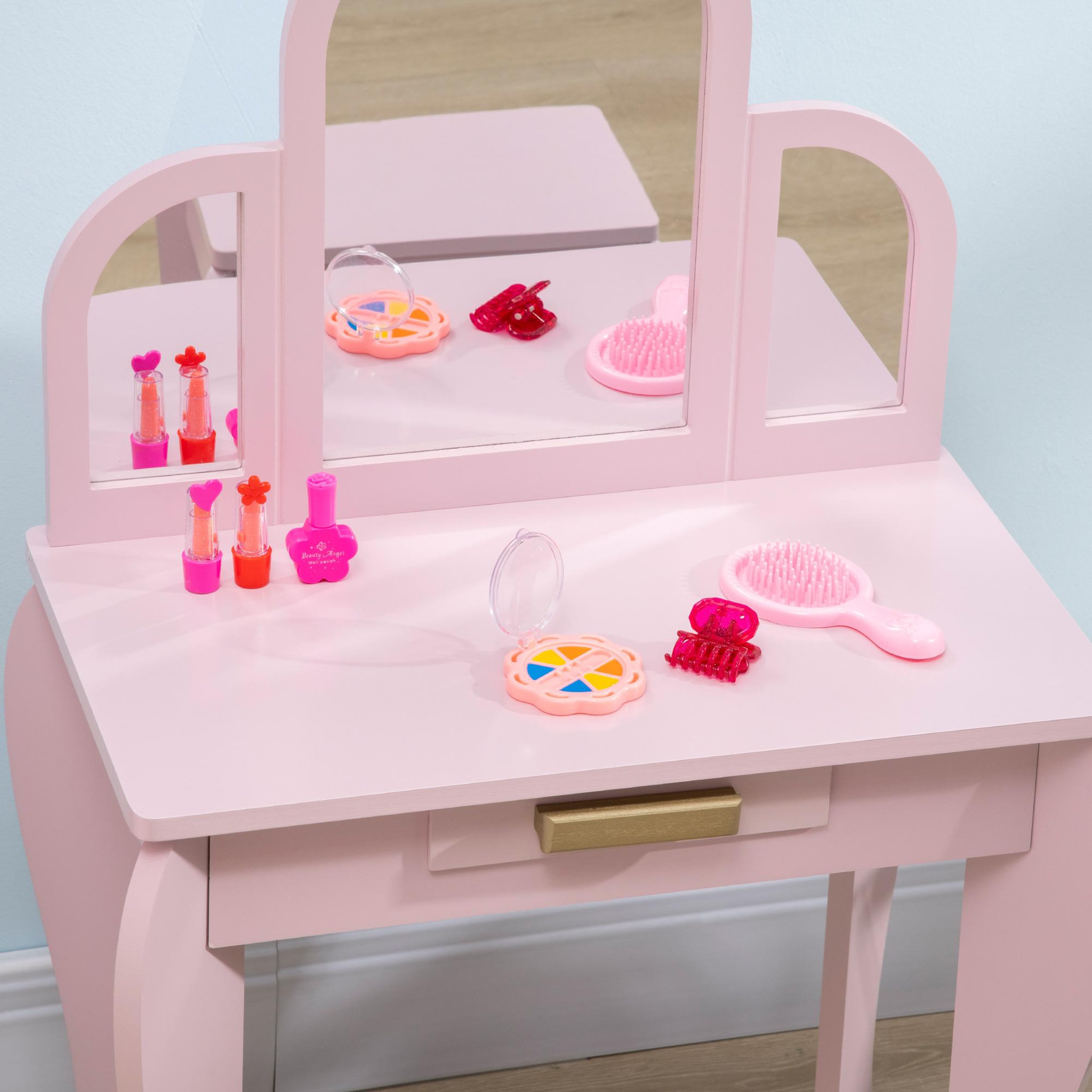 Voir la diapositive 4 : HOMCOM Coiffeuse enfant design girly - tabouret inclus - dim. 52L x 32l x 85H cm - tiroir, 3 miroirs - MDF bois de pin - rose poudré