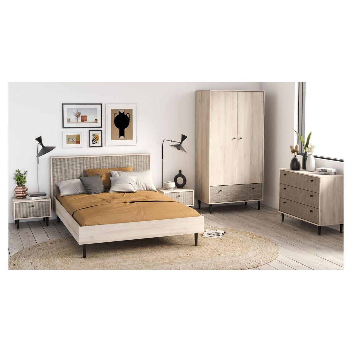 Commode 3 tiroirs décor effet cannage L90cm HANOÏ