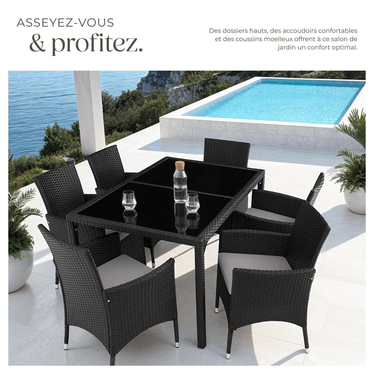 tectake Salon de jardin pour 6 personnes noir/gris