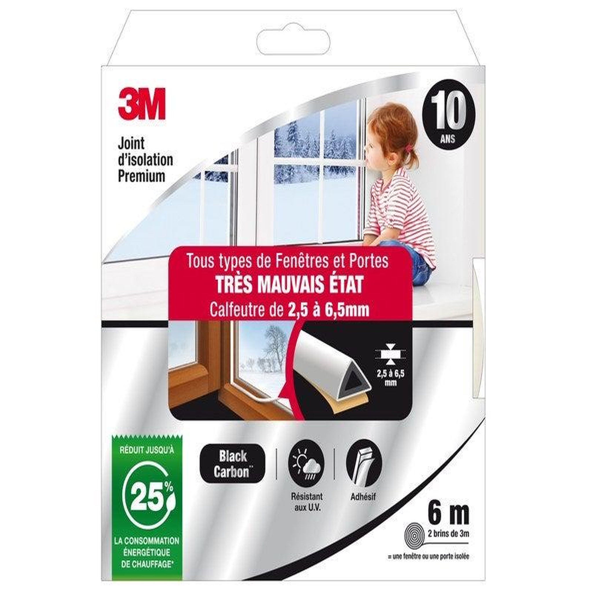 3M Joint Porte/Fenêtre Très Mauvais Etat Premium 2,5 À 6,5mm X 6m Blanc