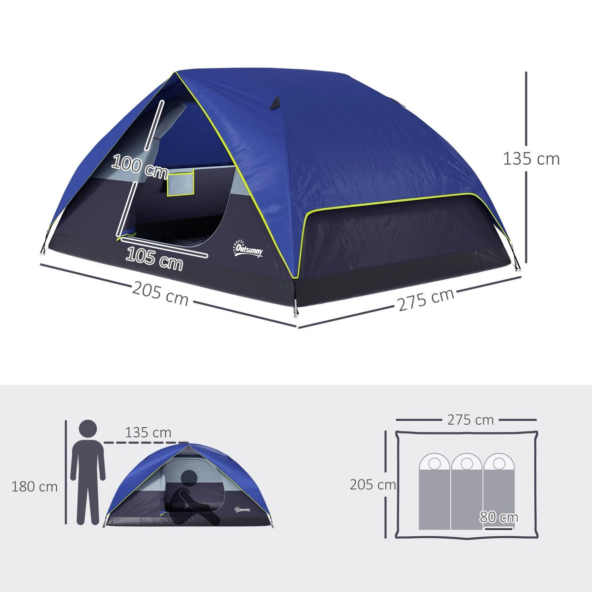 OUTSUNNY Tente de camping 2-4 personnes - fenêtre, 2 poches, port d'alimentation, sac de transport - bleu foncé