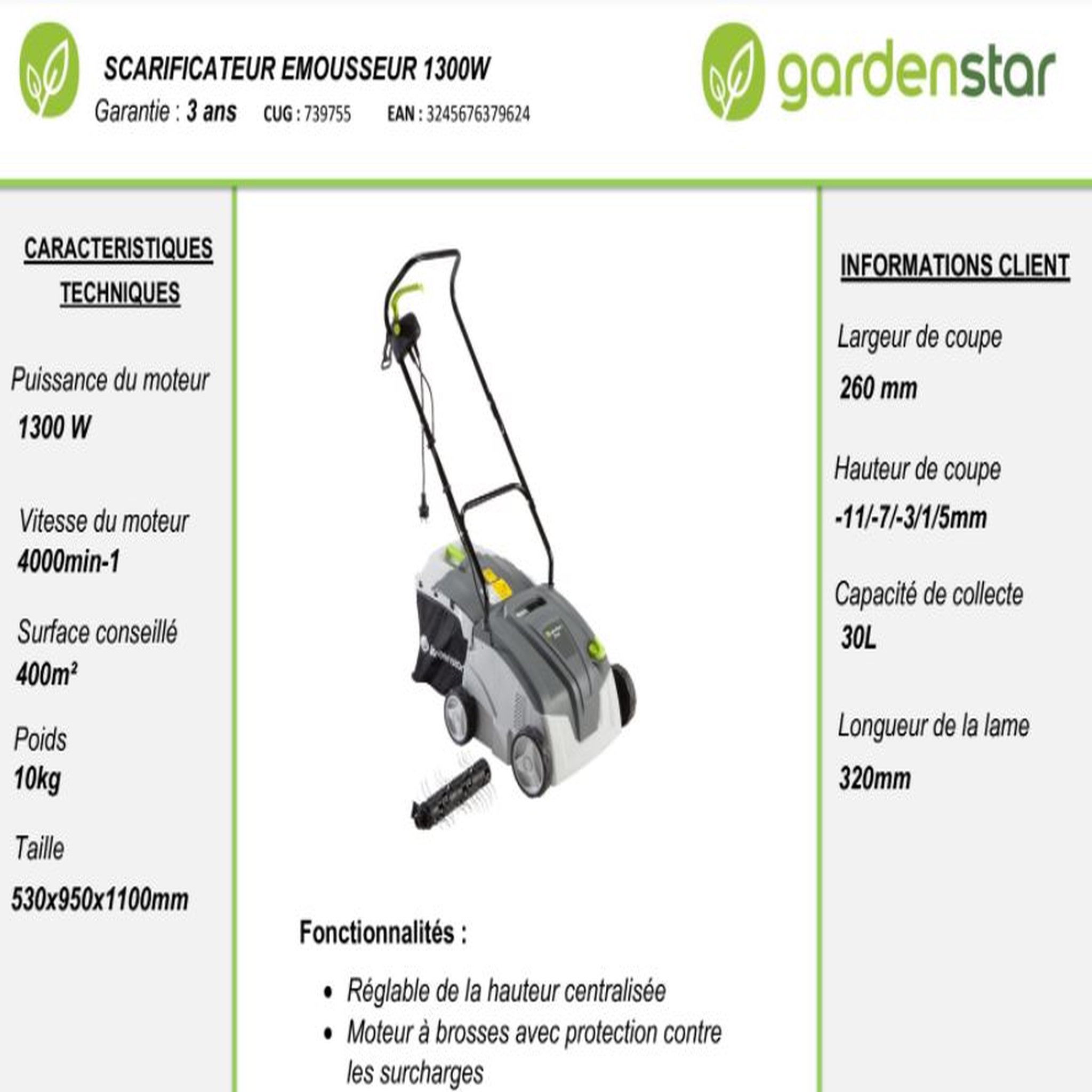 Voir la diapositive 4 : GARDENSTAR Scarificateur émousseur 2 en 1 - 1500W