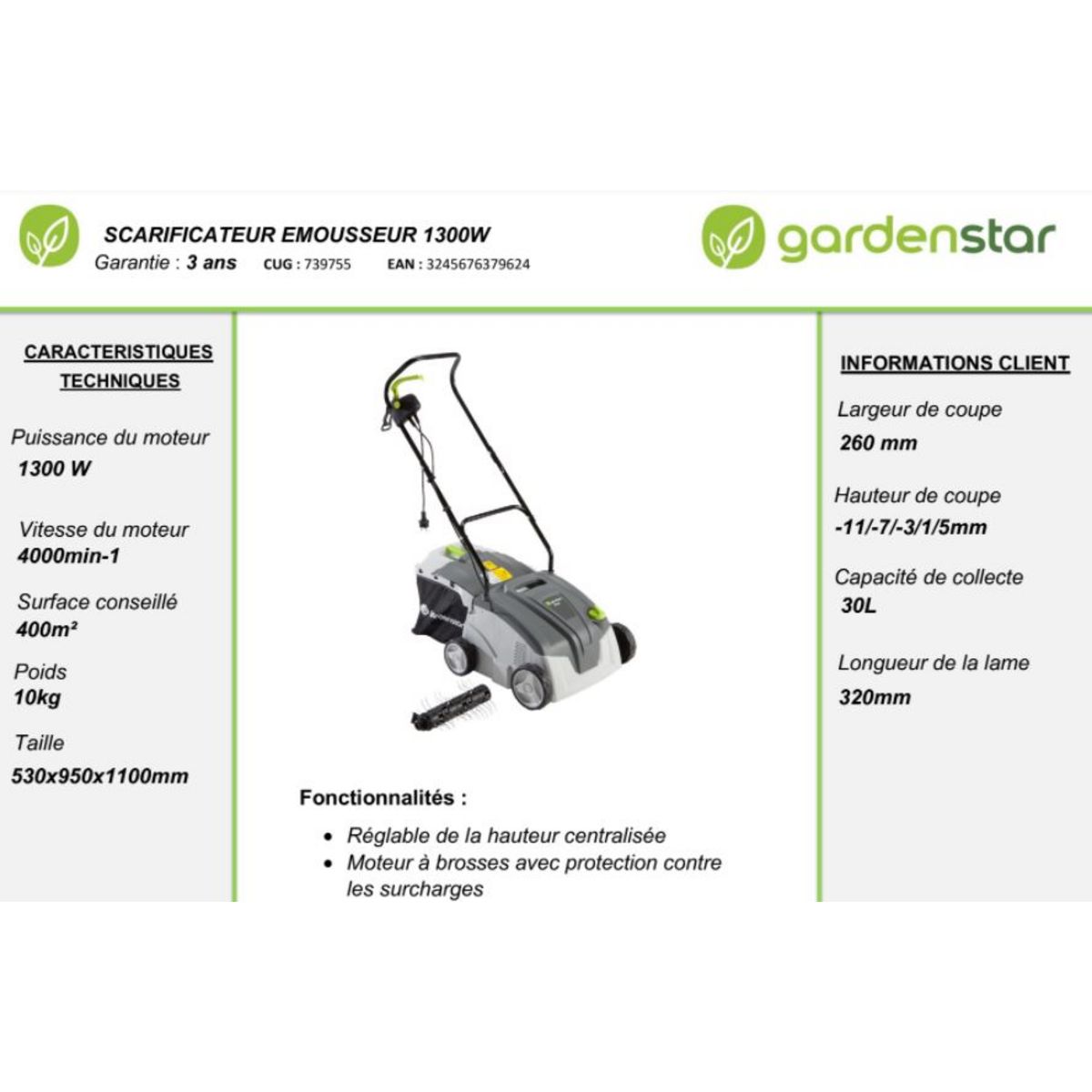 GARDENSTAR Scarificateur émousseur 2 en 1 - 1500W