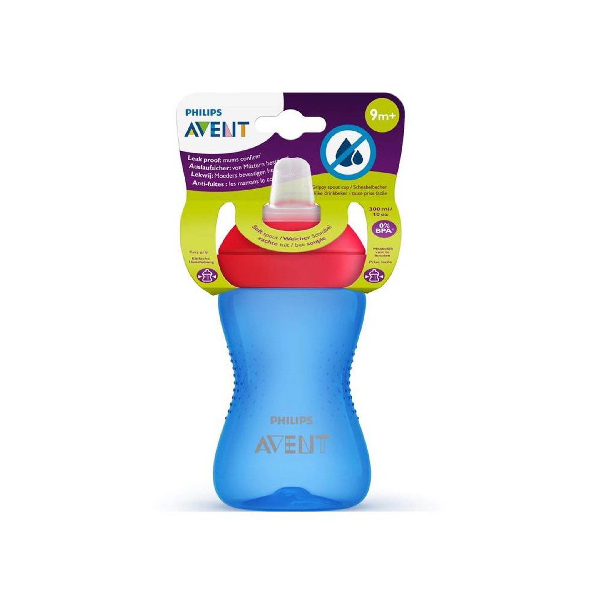Philips Avent Bouteille de boisson à bec souple anti-fuite 300 ml my grippy scf802/01, bleu, sans bpa, 9m+