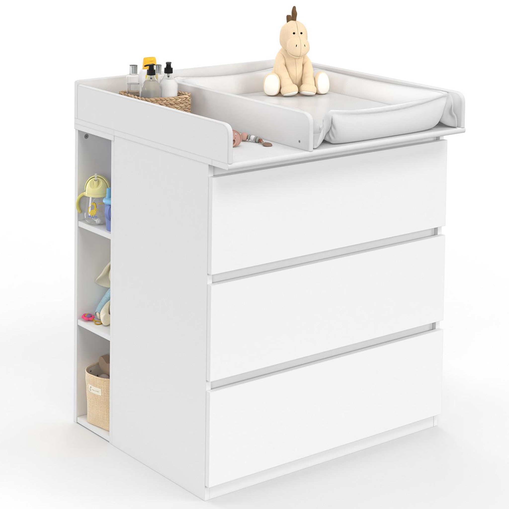 ID MARKET Commode à langer évolutive ambre blanc 3 tiroirs table à langer et 2 étagères amovibles