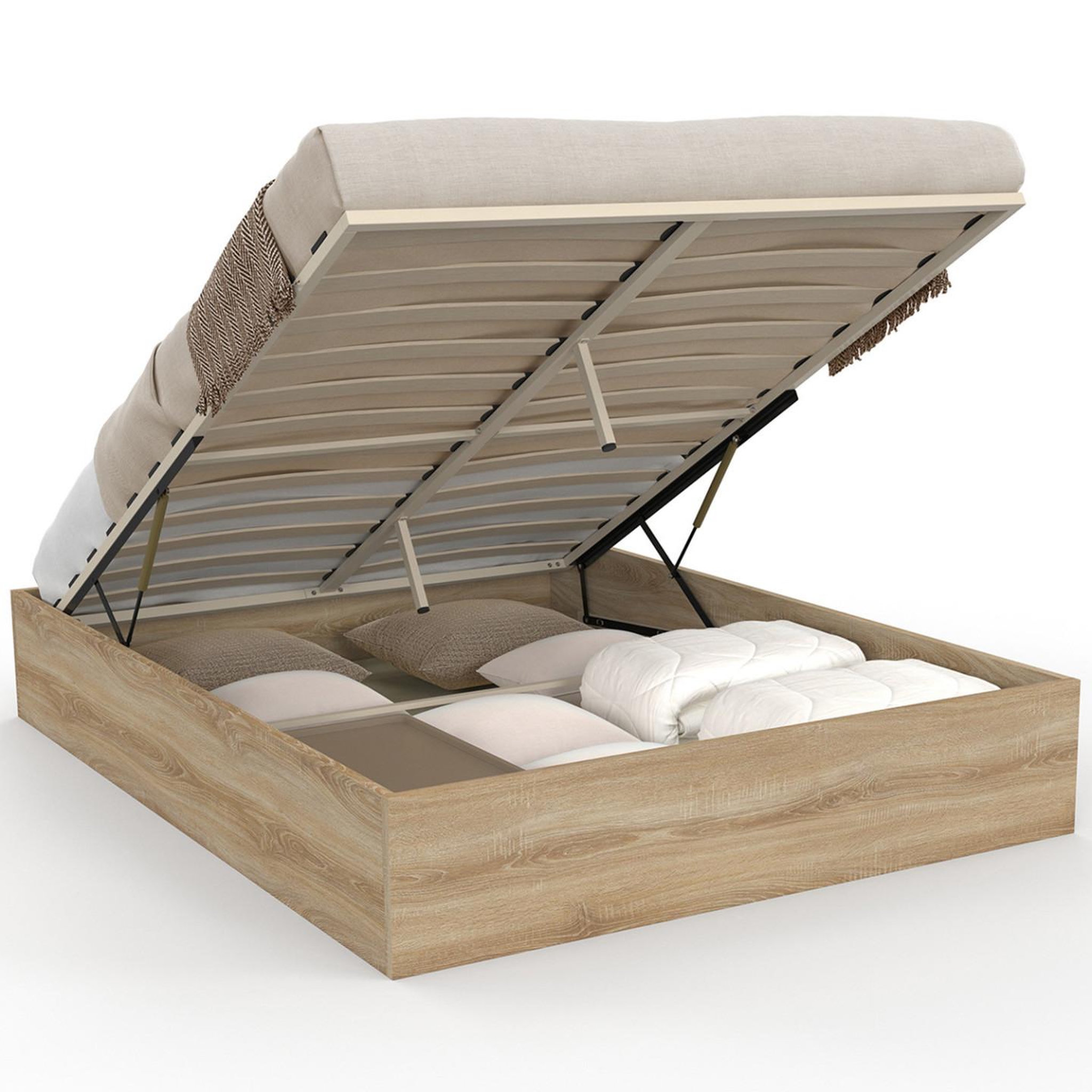 ID MARKET Lit coffre double sandside avec sommier 140 x 190 cm hêtre
