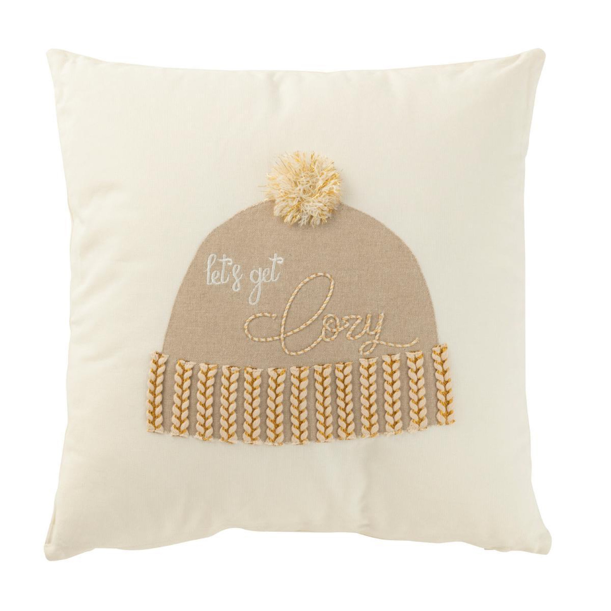 J-LINE Coussin déco bonnet  let's get cosy  45x45cm blanc