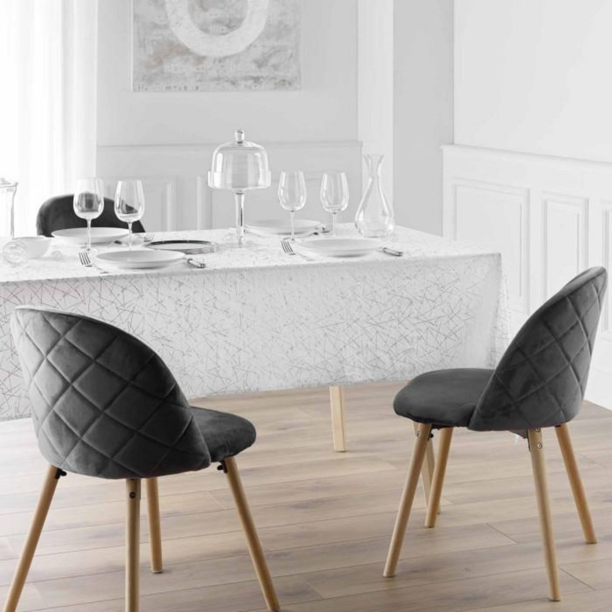 Paris Prix Nappe Antitache Imprimé  Mikado  140x240cm Blanc & Argent