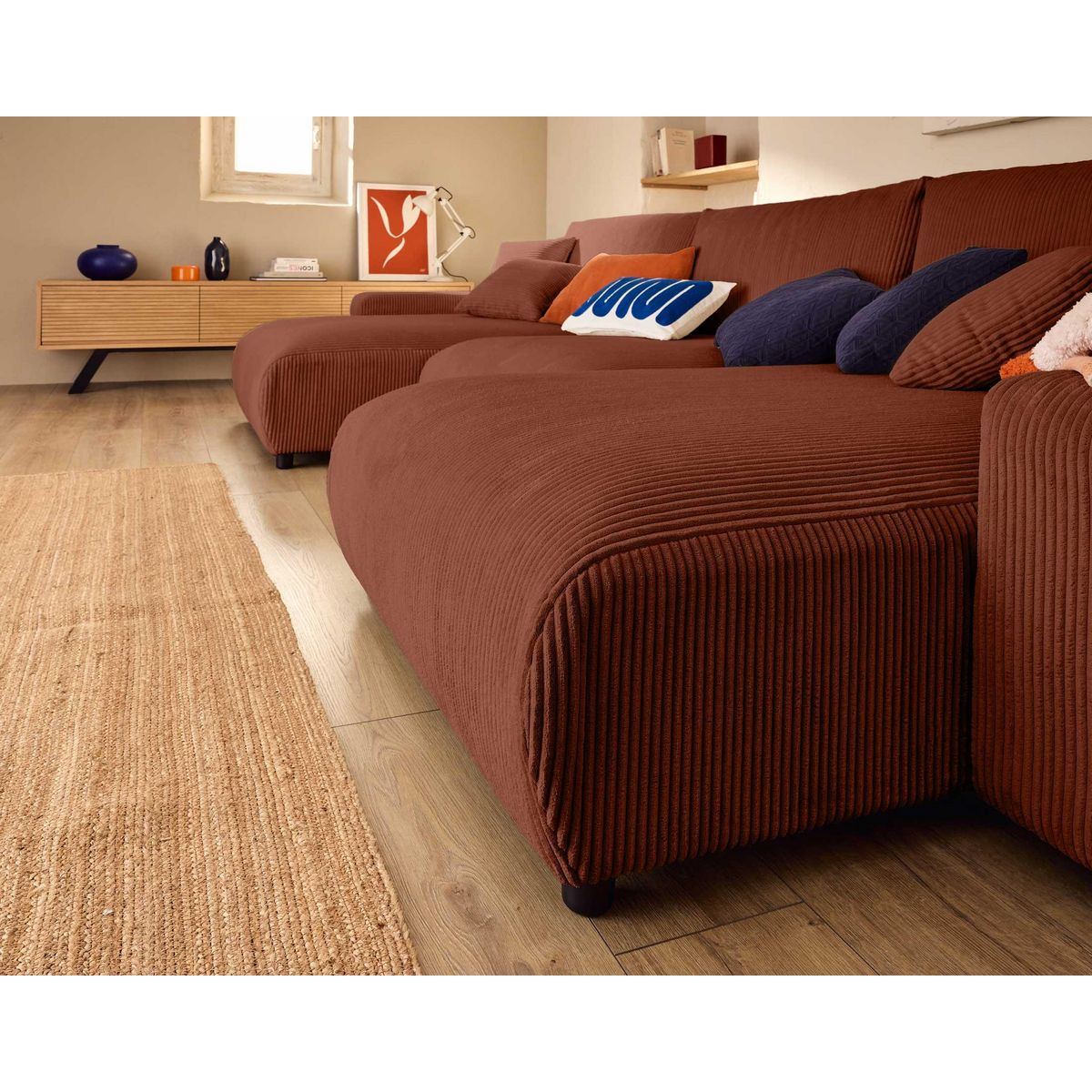 LISA DESIGN Pivoine - canapé panoramique en u - 7 places - convertible avec coffre - en velours côtelé