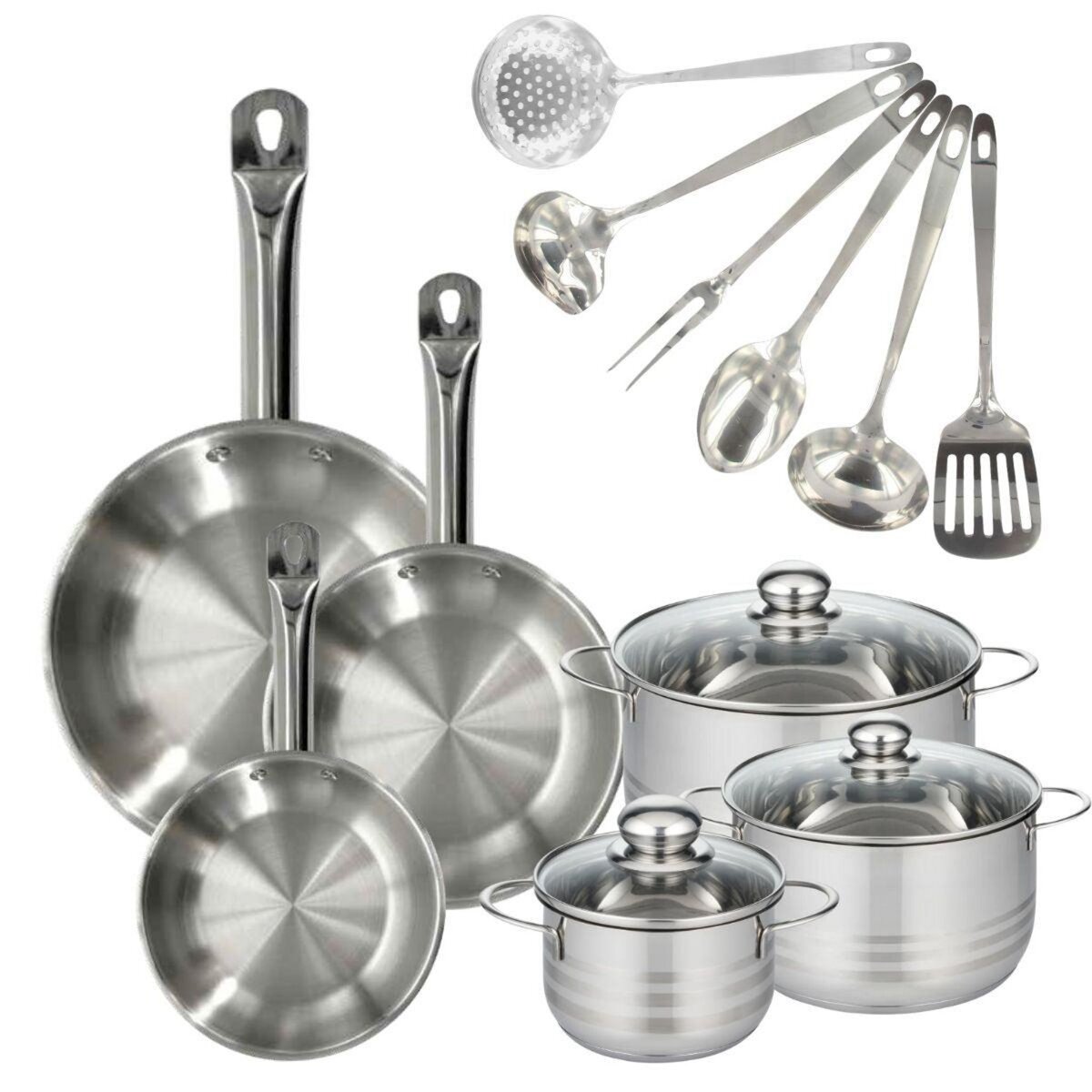 Fackelmann Set 3 poêles 20 24 et 28 cm en inox, 3 faitouts inox 16, 20 et 24 cm et 6 ustensiles inox Fackelmann Eterna