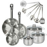 Fackelmann Set 3 poêles 20 24 et 28 cm en inox, 3 faitouts inox 16, 20 et 24 cm et 6 ustensiles inox Fackelmann Eterna