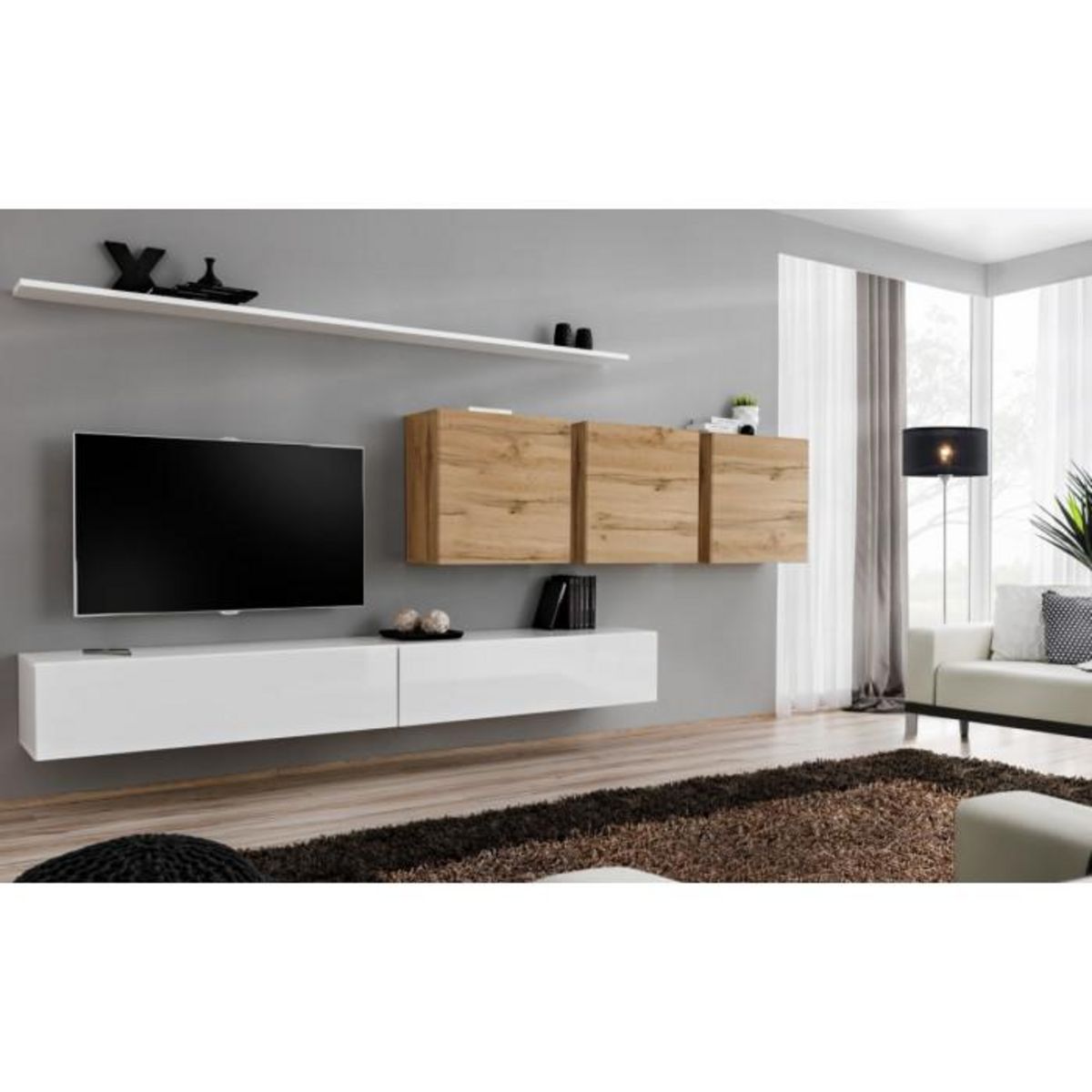 Paris Prix Meuble TV Mural Design  Switch VII  340cm Blanc & Naturel