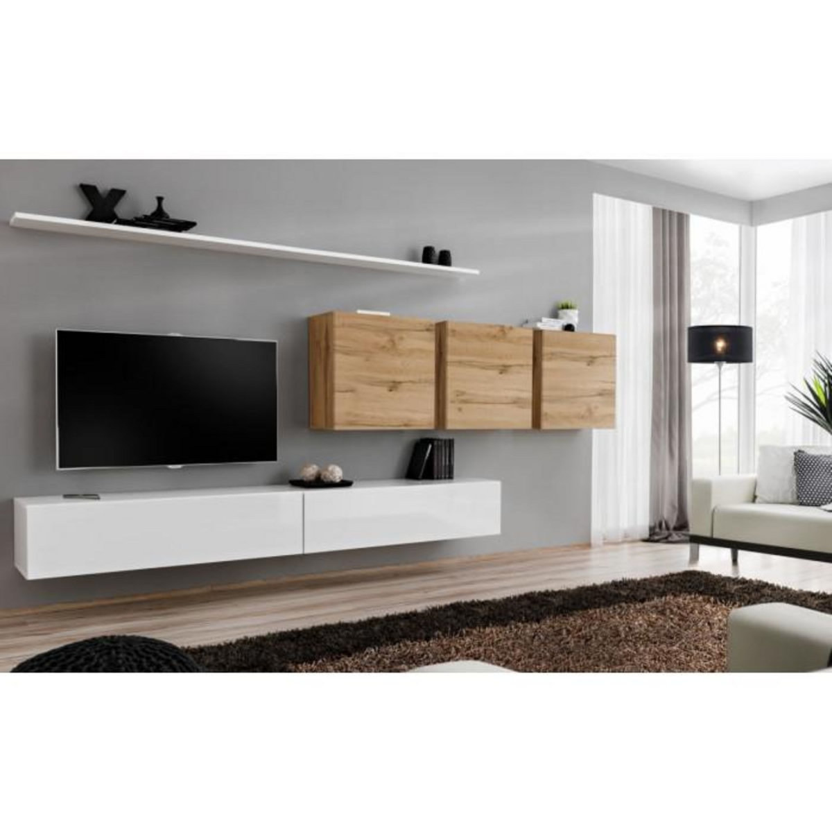 Paris Prix Meuble TV Mural Design  Switch VII  340cm Blanc & Naturel