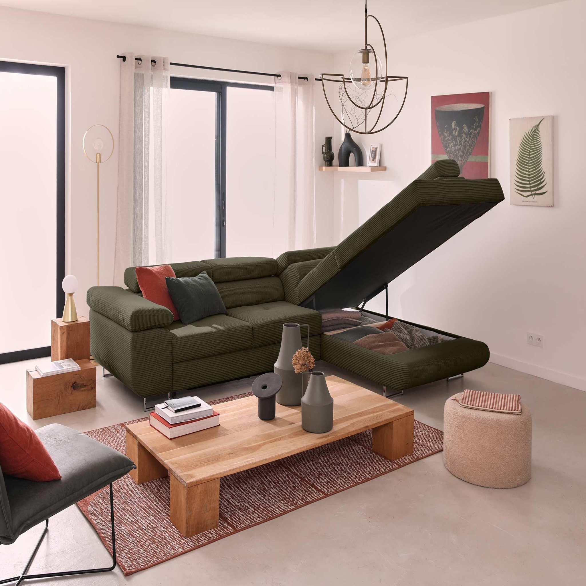 Voir la diapositive 3 : BEST MOBILIER Zaria - canapé d'angle droit - convertible avec coffre et têtières réglables - 5 places - en velours côtelé
