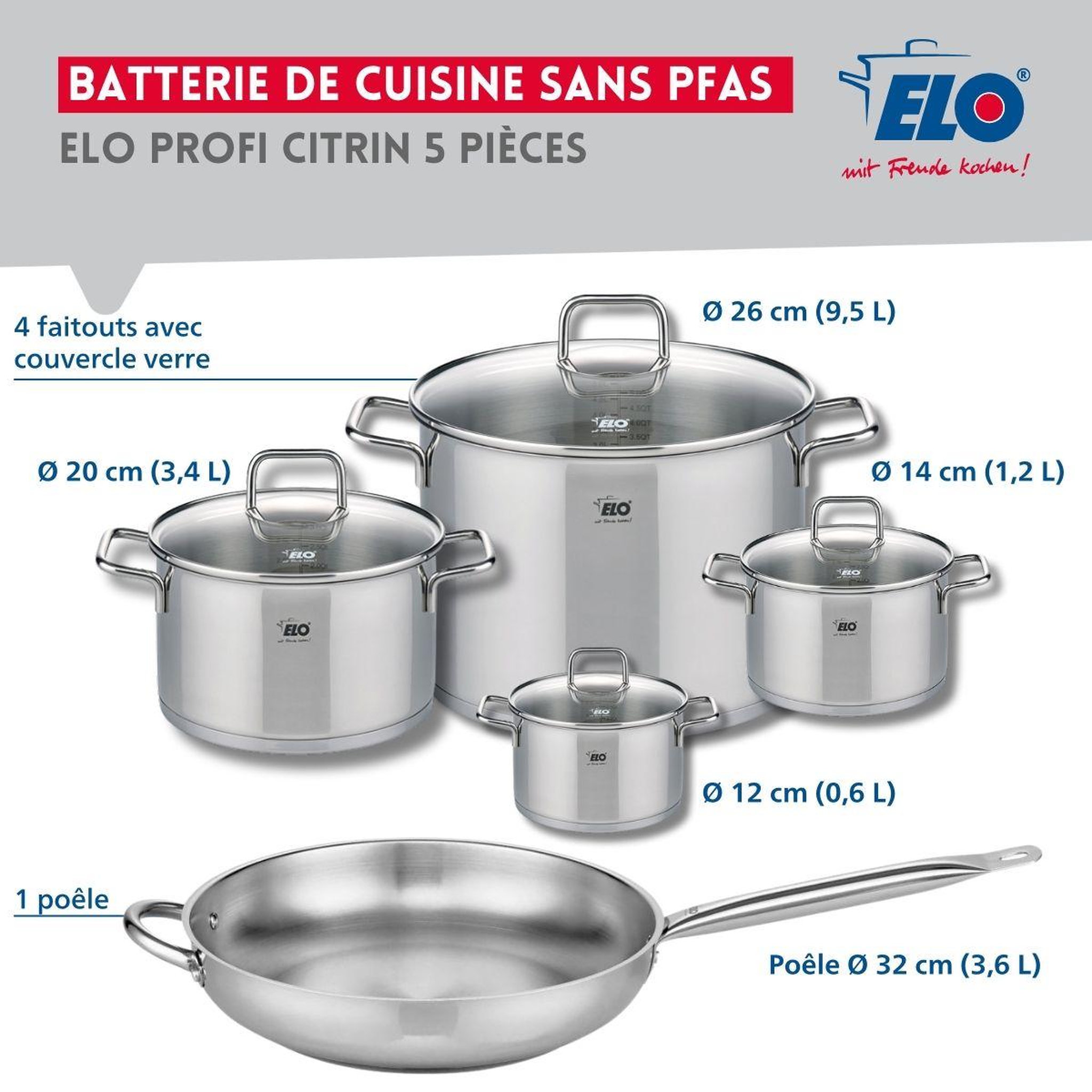 Voir la diapositive 2 : ELO Set de 1 poêle de cuisson 32 cm et 4 faitouts 12, 14, 20 et 26 cm elo profi citrin