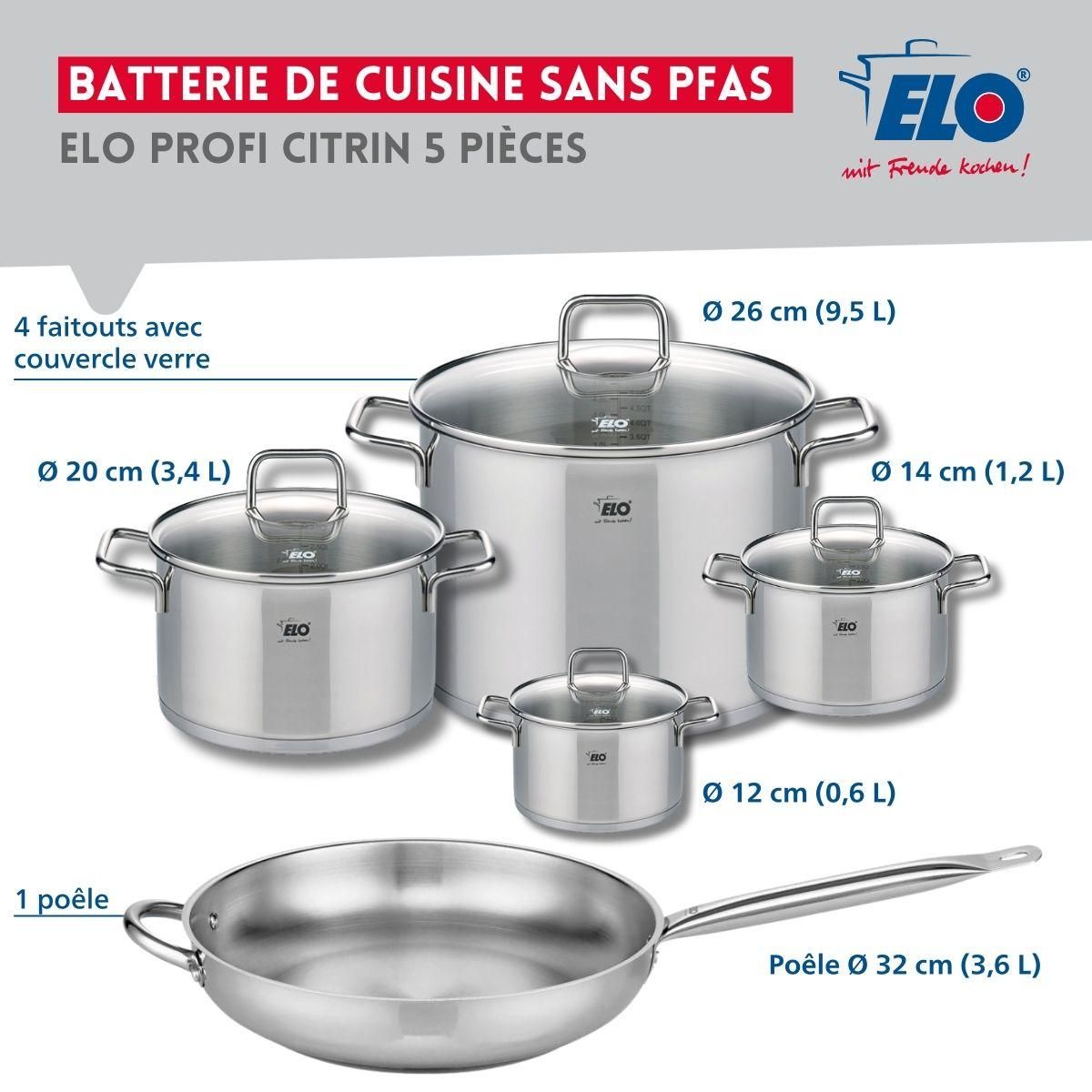 ELO Set de 1 Poêle de cuisson 32 cm et 4 faitouts 12, 14, 20 et 26 cm Elo Profi Citrin