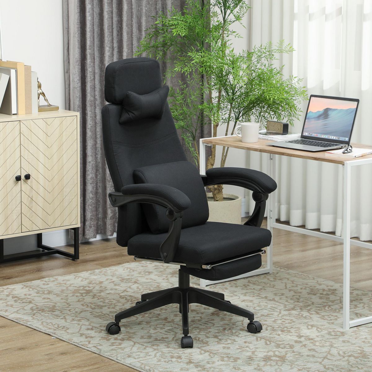 VINSETTO Fauteuil de bureau manager grand confort dossier réglable repose-pied coussin lombaire roulettes 360° lin 62L x 68P x 127H cm noir