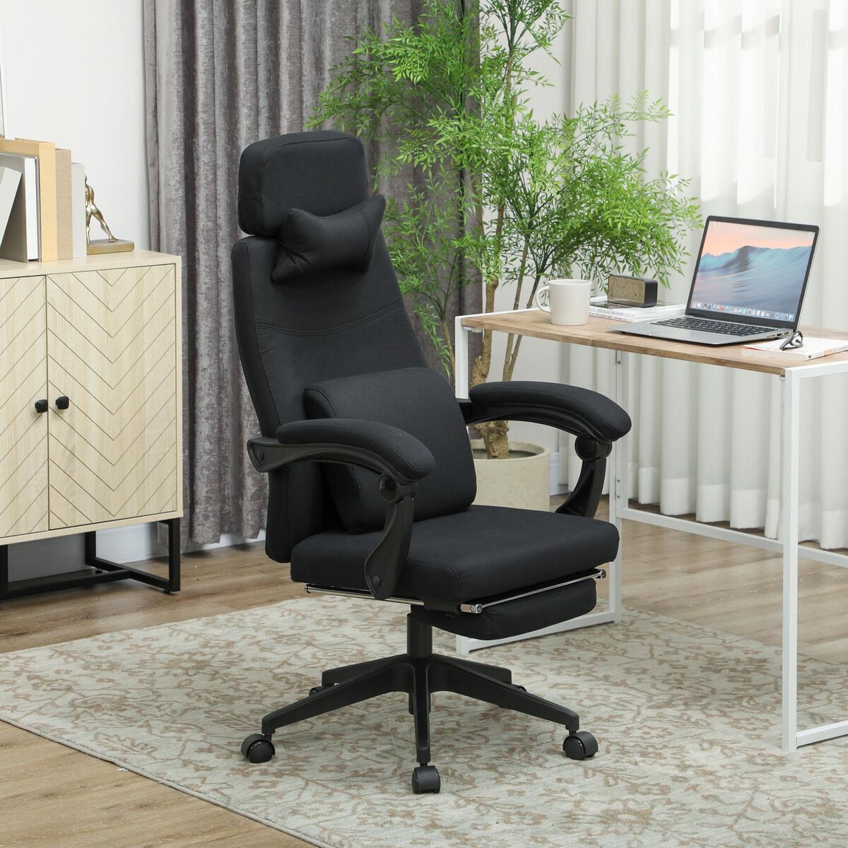VINSETTO Fauteuil de bureau manager grand confort dossier réglable repose-pied coussin lombaire roulettes 360° lin 62L x 68P x 127H cm noir