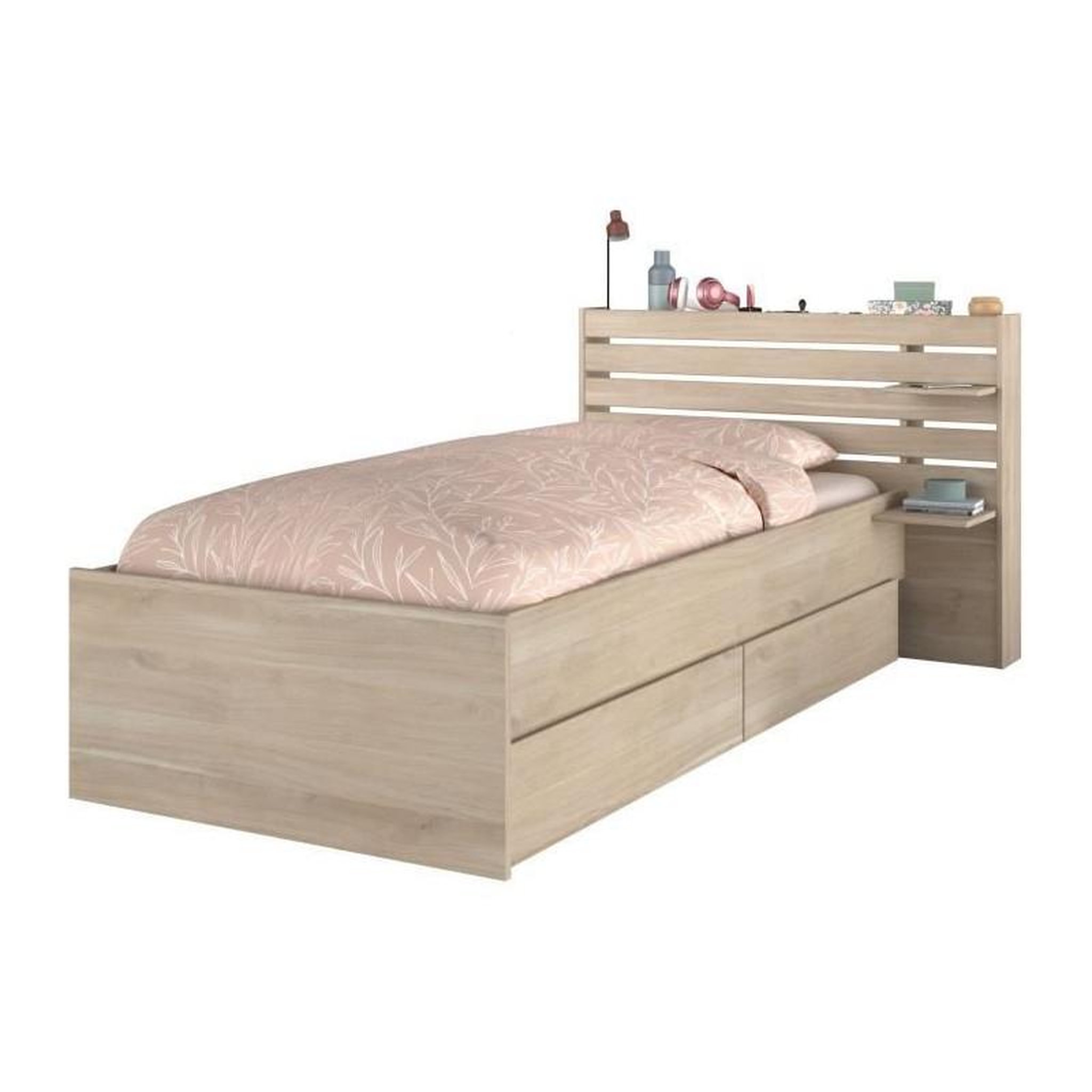 PARISOT Lit enfant ESCALE 90x190/200 cm - Décor chene - Tete de lit + 2 tiroirs - L121,5 x H88,6 x P216,8 cm
