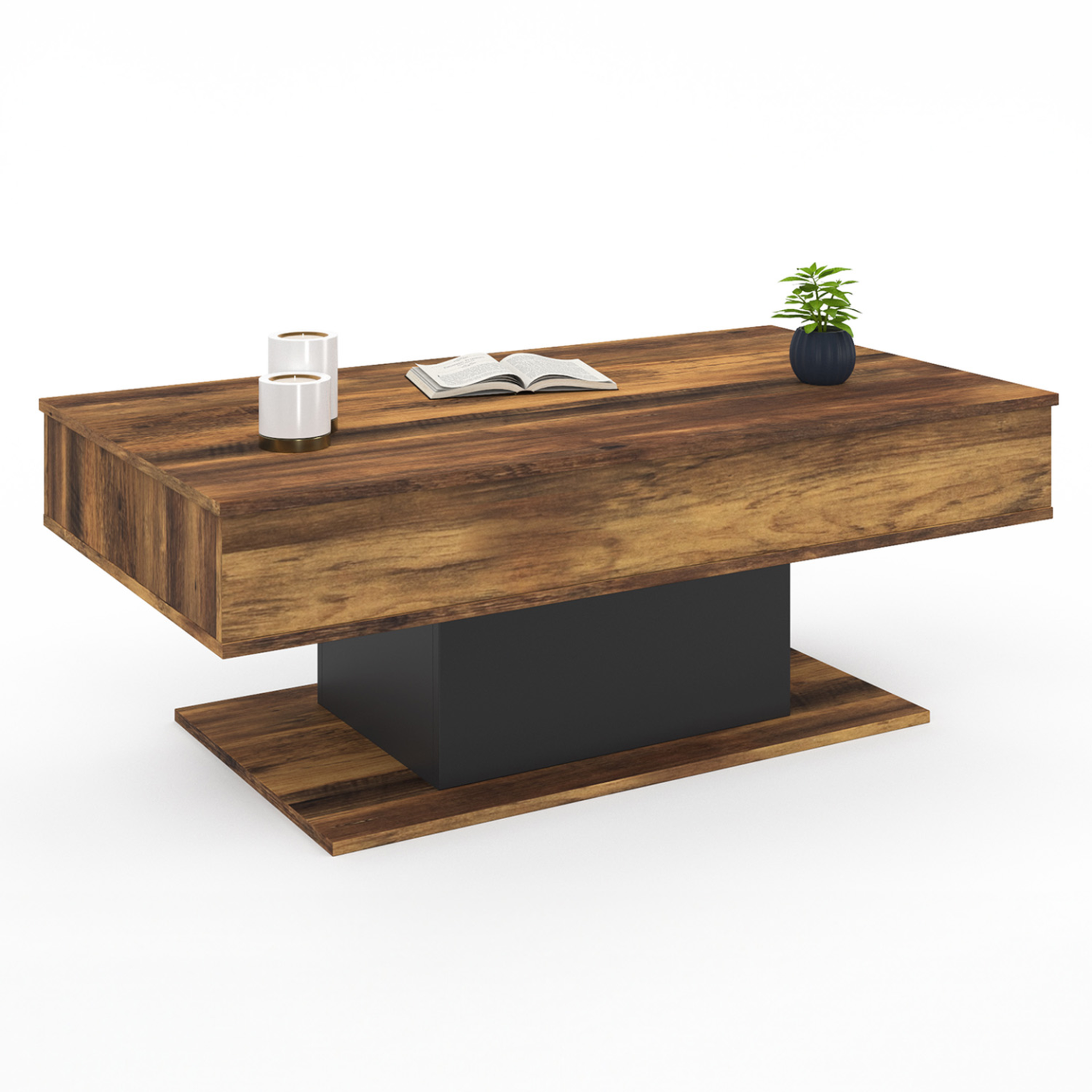 Voir la diapositive 4 : ID MARKET Table basse plateau relevable rectangulaire eden bois foncé effet vieilli et noir