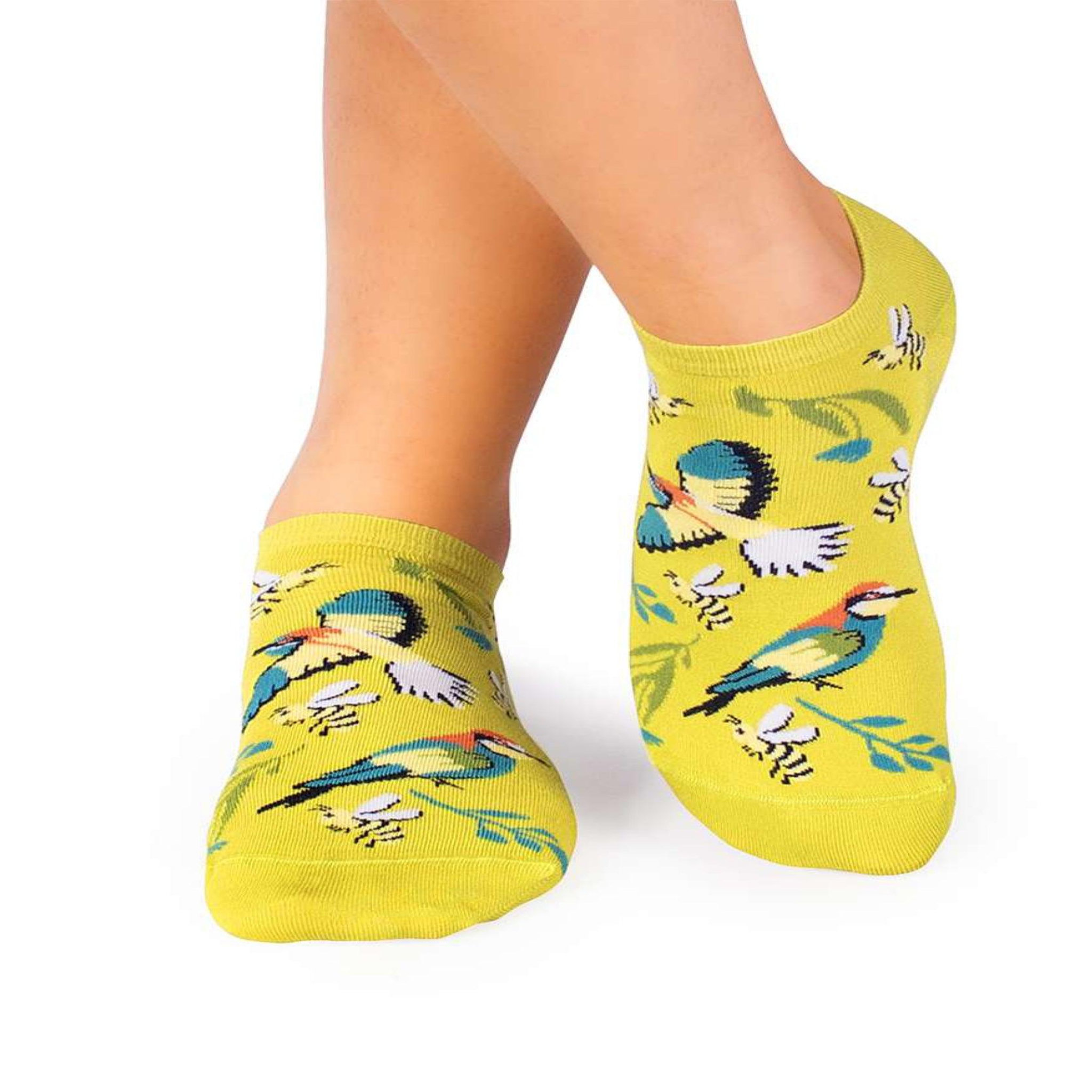 PIRIN HILL Socquettes en bambou oiseaux & fleurs - jaunes citron. Coloris disponibles : Jaune