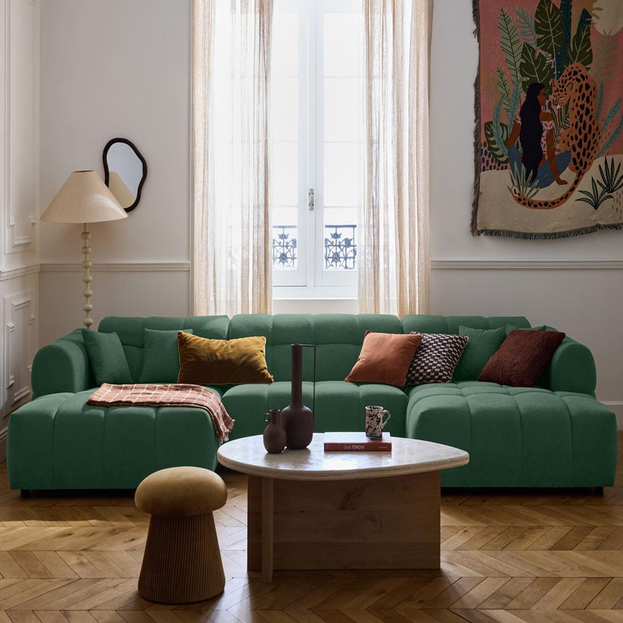 LISA DESIGN Ray - canapé panoramique en u 7 places en tissu texturé. Coloris disponibles : Vert, Bleu, Noir, Gris, Orange, Beige, Rouge