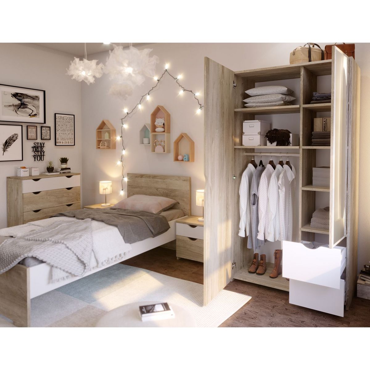 Armoire 2 portes 2 tiroirs et miroir AUGUSTINE