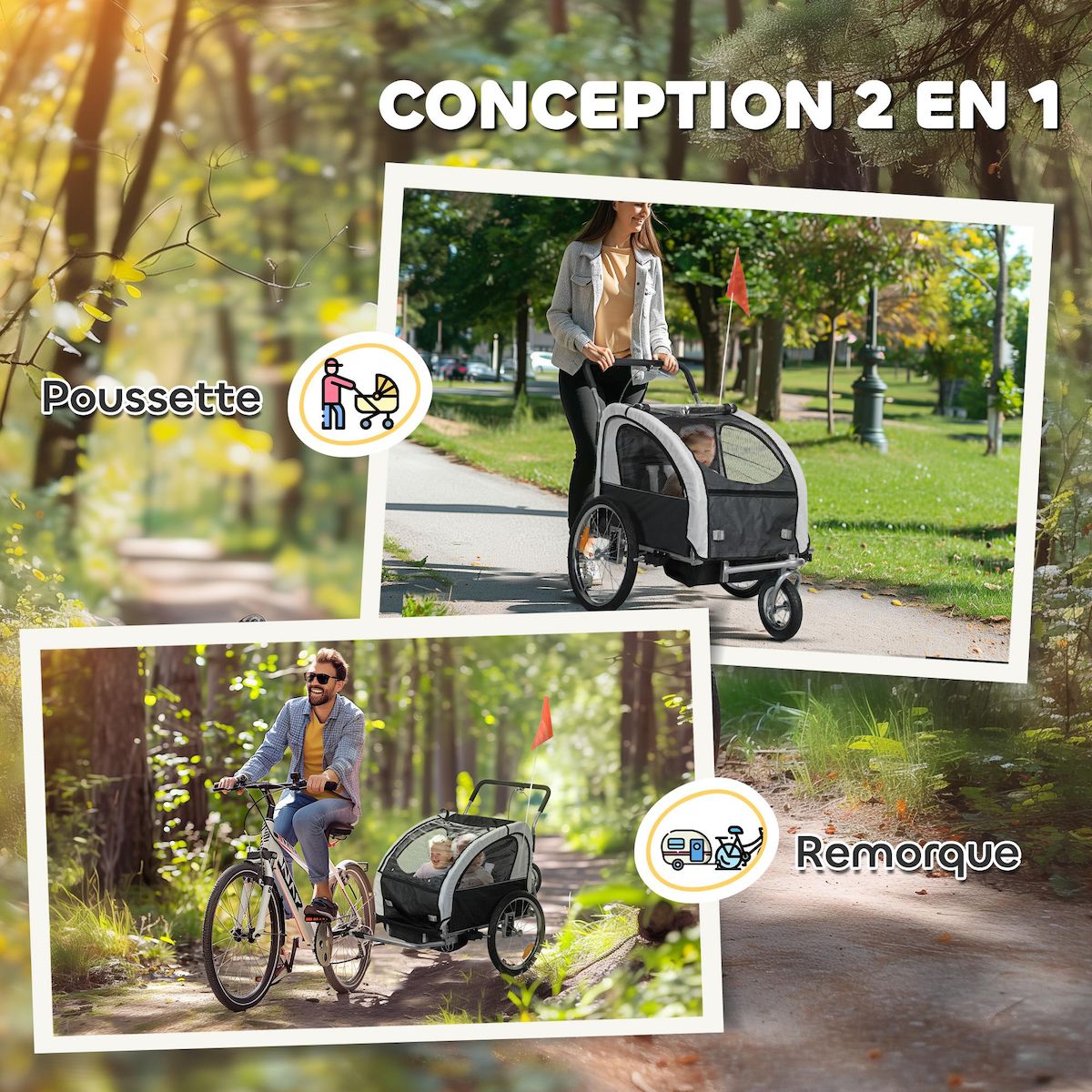 HOMCOM Remorque vélo jogger 2 en 1 enfant drapeau roue avant pivotante réflecteurs barre d'attelage inclus noir blanc