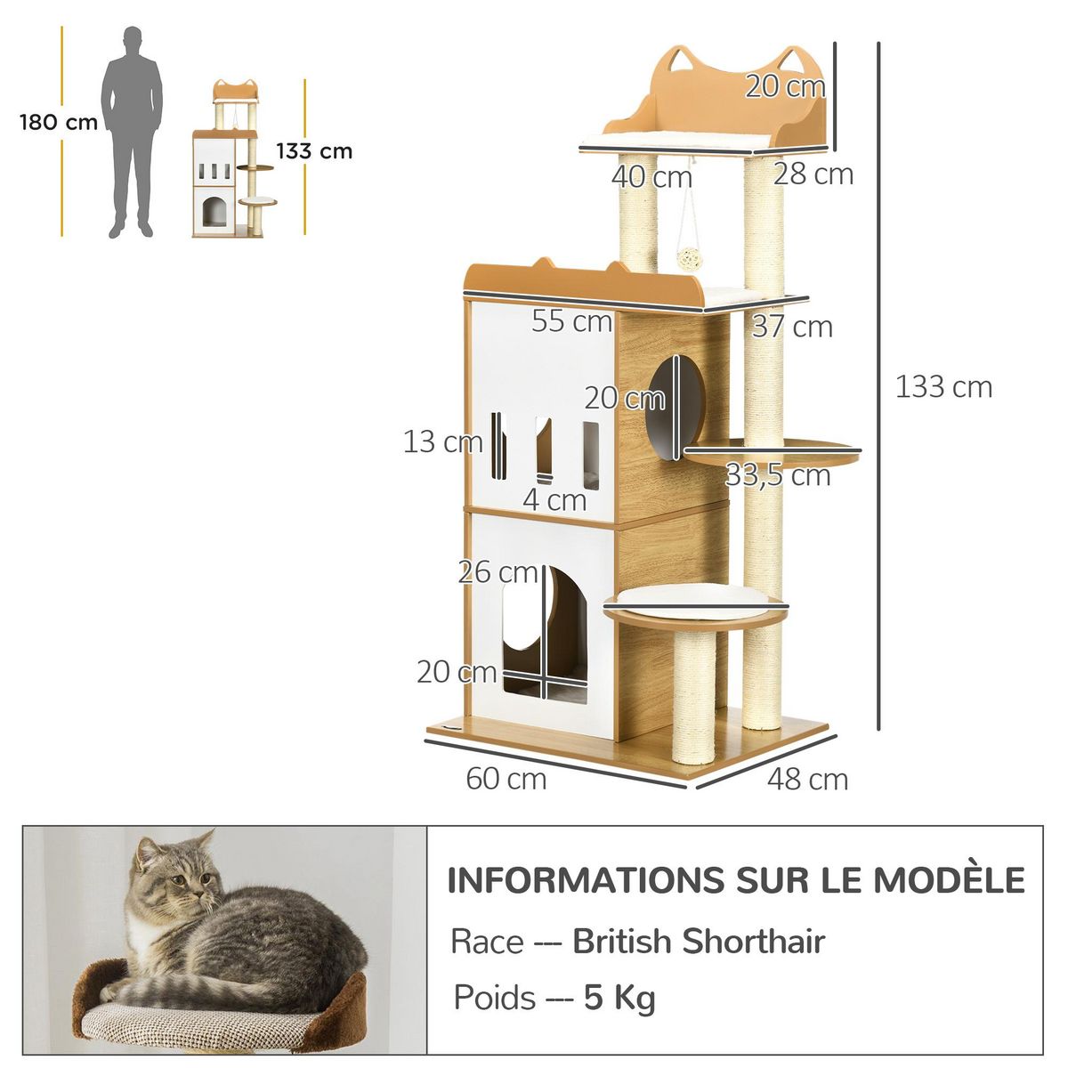 PAWHUT Arbre à chat design contemporain griffoir sisal naturel 2 niches plateformes jeu boule suspendue MDF blanc aspect hêtre clair
