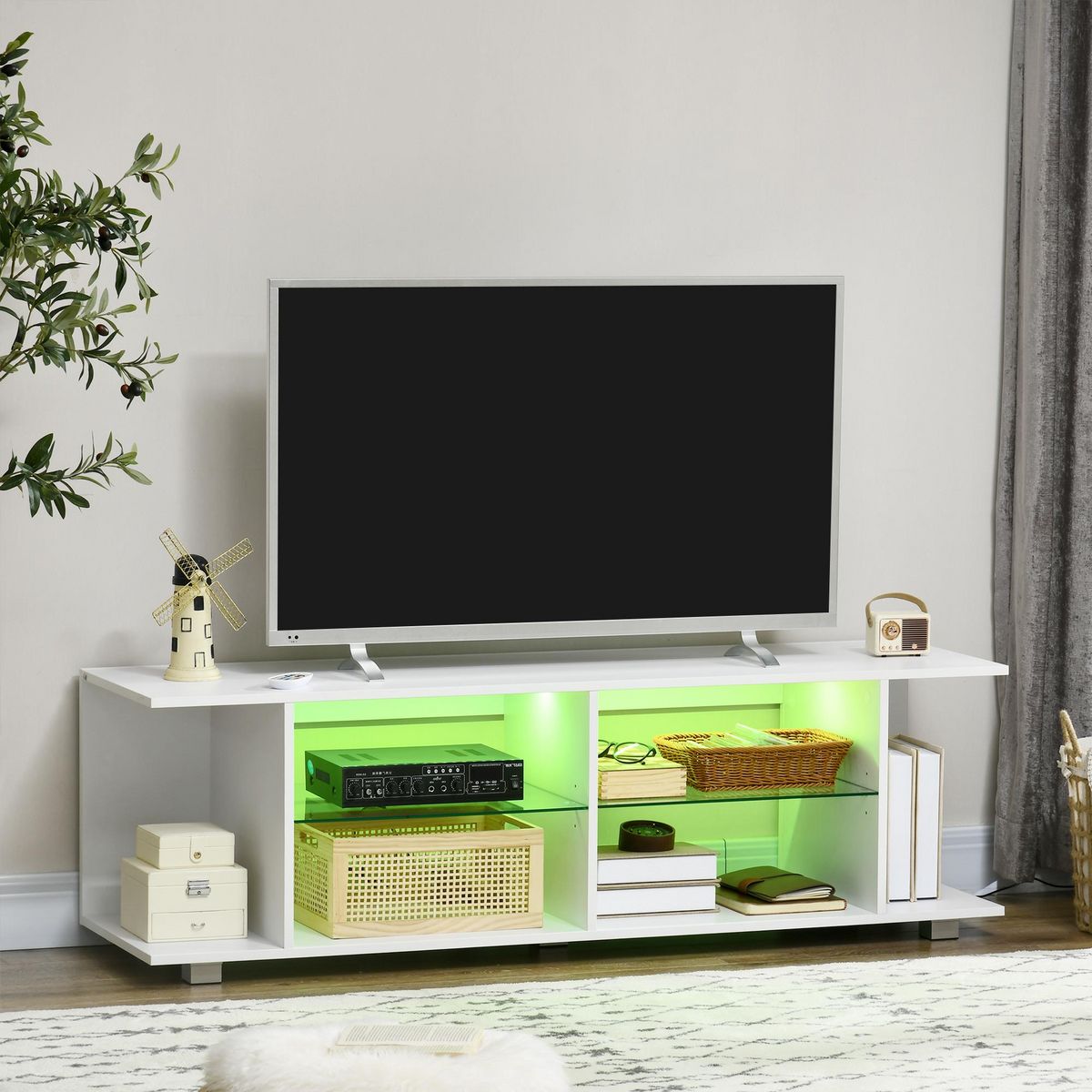HOMCOM Meuble banc TV sur pieds avec lumières LED - 2 étagères en verre trempé pour télévision jusqu'à 60 pouces style contemporain - 145 x 40 x 45 cm blanc