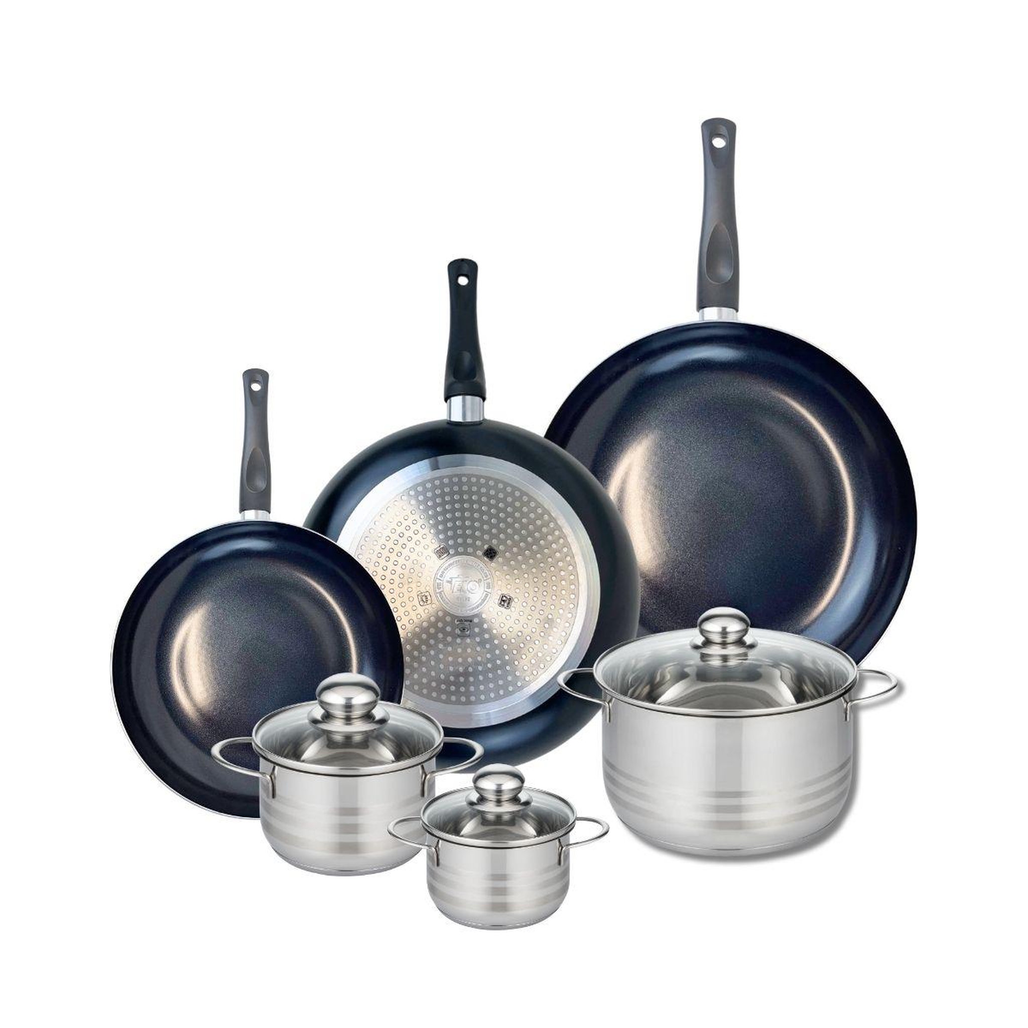 ELO Ensemble de 3 poêles de cuisson 24, 28 et 32 cm et 3 faitouts 12, 14 et 20 cm elo prima brillant