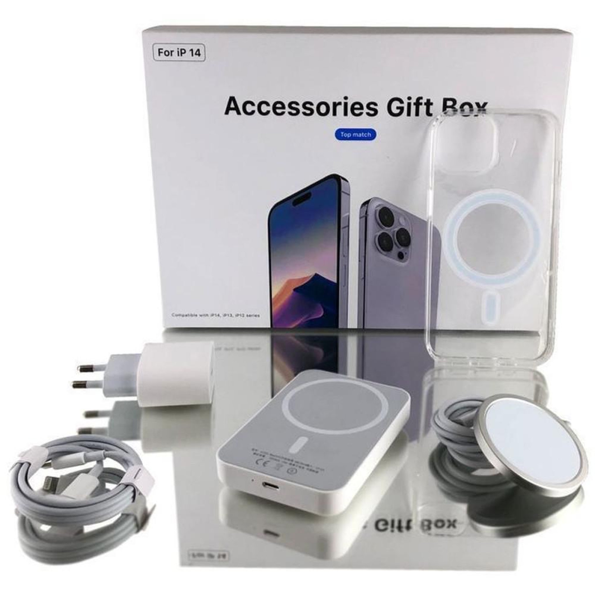 Coffret accessoires MagSafe 5-en-1 iPhone 13/14 avec power bank 5000 mAh, chargeur 20W, charge magnétique sans fil et coque transparente