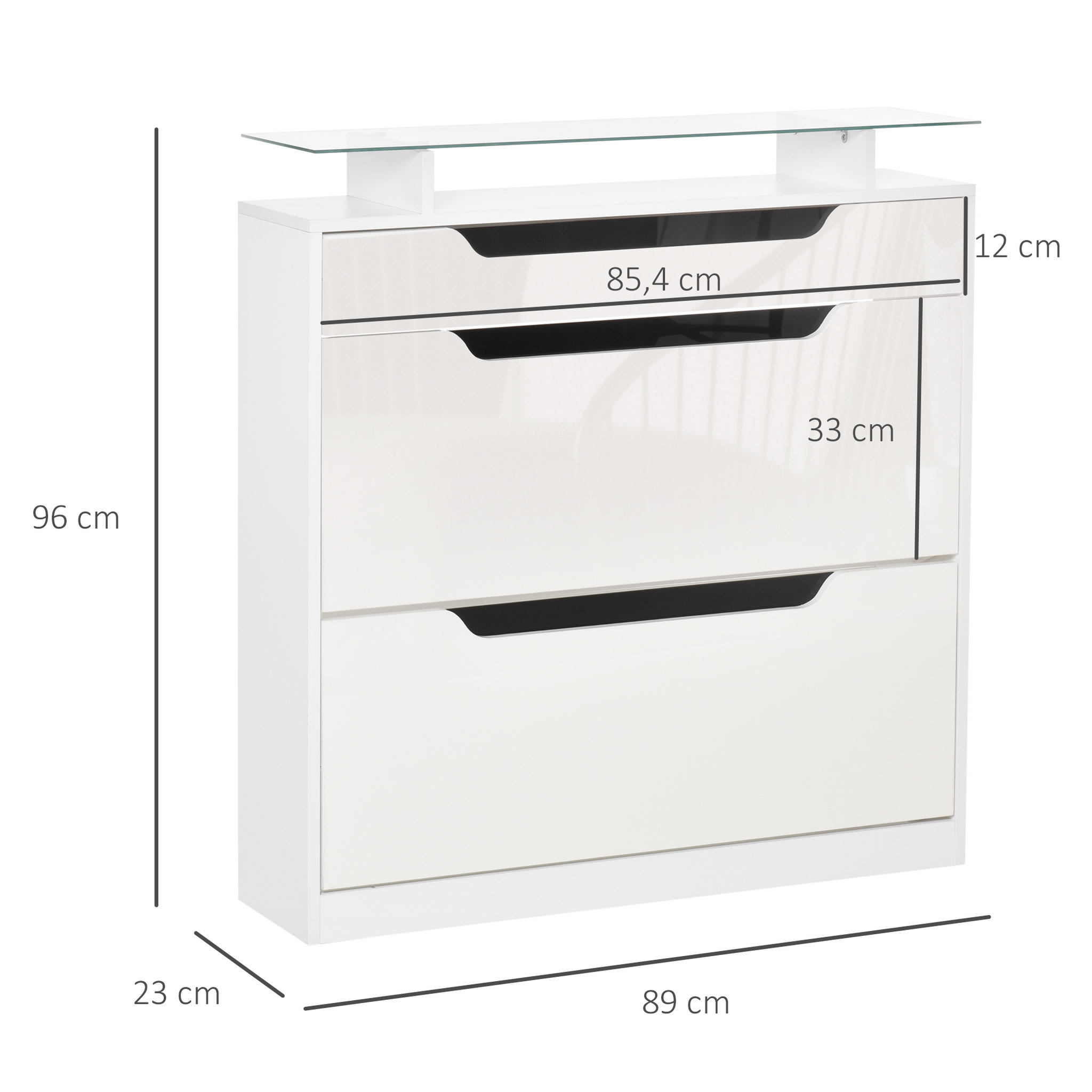 Voir la diapositive 3 : HOMCOM Armoire à chaussures avec 2 tiroirs rabattables + 1 tiroir coulissant + 1 comptoir et 1 plateau en verre étagère réglable sur 2 niveaux 89 x 23 x 96 cm blanc