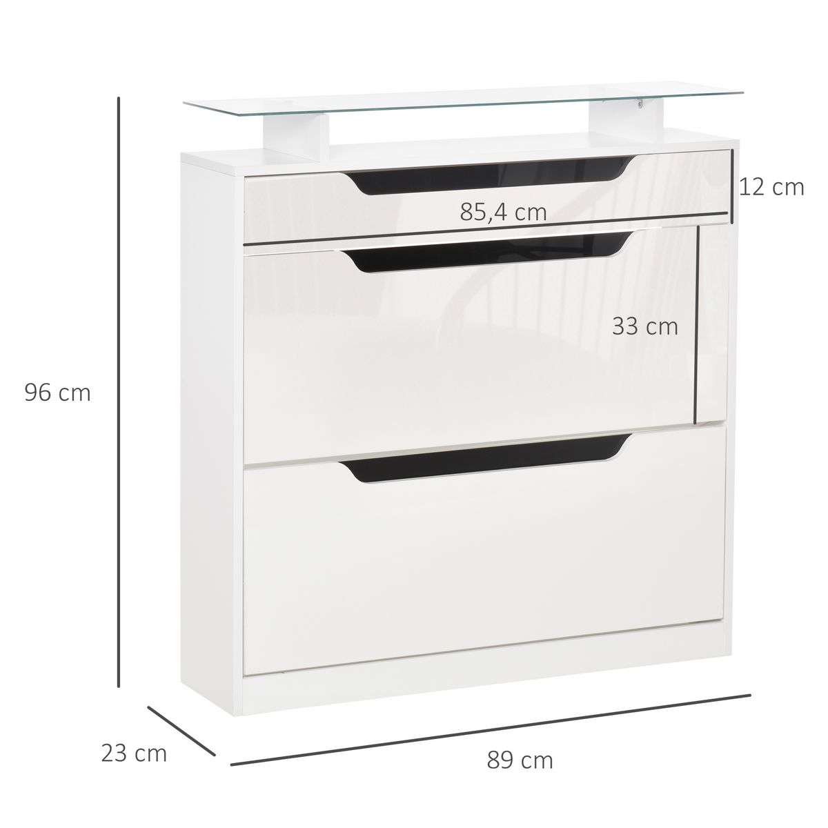 HOMCOM Armoire à chaussures avec 2 tiroirs rabattables + 1 tiroir coulissant + 1 comptoir et 1 plateau en verre étagère réglable sur 2 niveaux 89 x 23 x 96 cm blanc